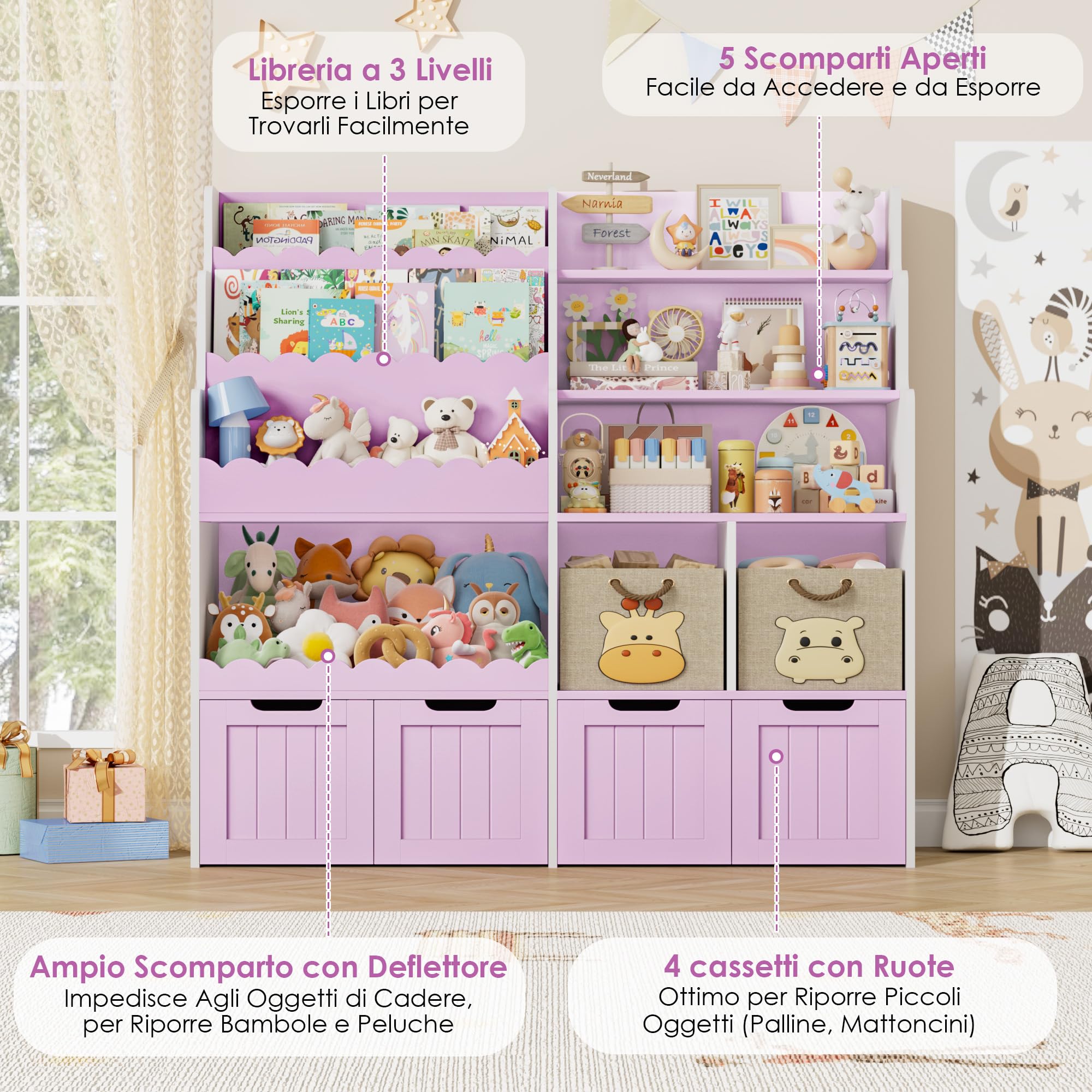 FOREHILL Libreria Montessoriana per Bambini, Porta Giochi Bambini a 4 Cassetti con Ruote Girevoli a 360°, Mobile Porta Giochi con Libreria a 3 Ripiani, 5 Scomparti Aperti, 125.5x40x120 cm (Lilla)