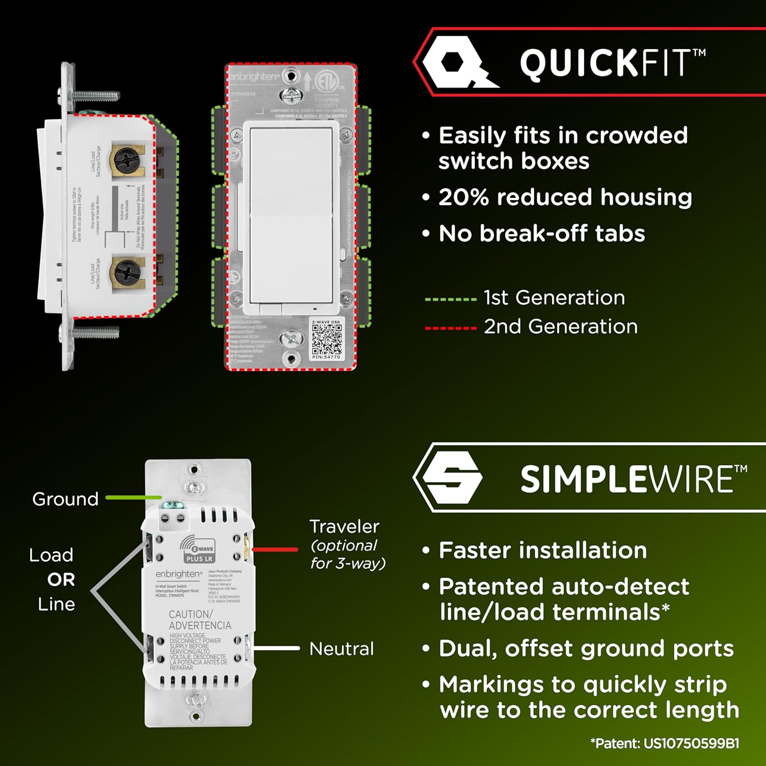 Enbrighten 800 Series Z-Wave On/Off Paddle Switch, Long Range 800LR, Quick Fit, Simple Wire, Direct 3-Way (No Add-On Switch Needed), Smart Hub Required, Compatible with Alexa, Google Home, 76591