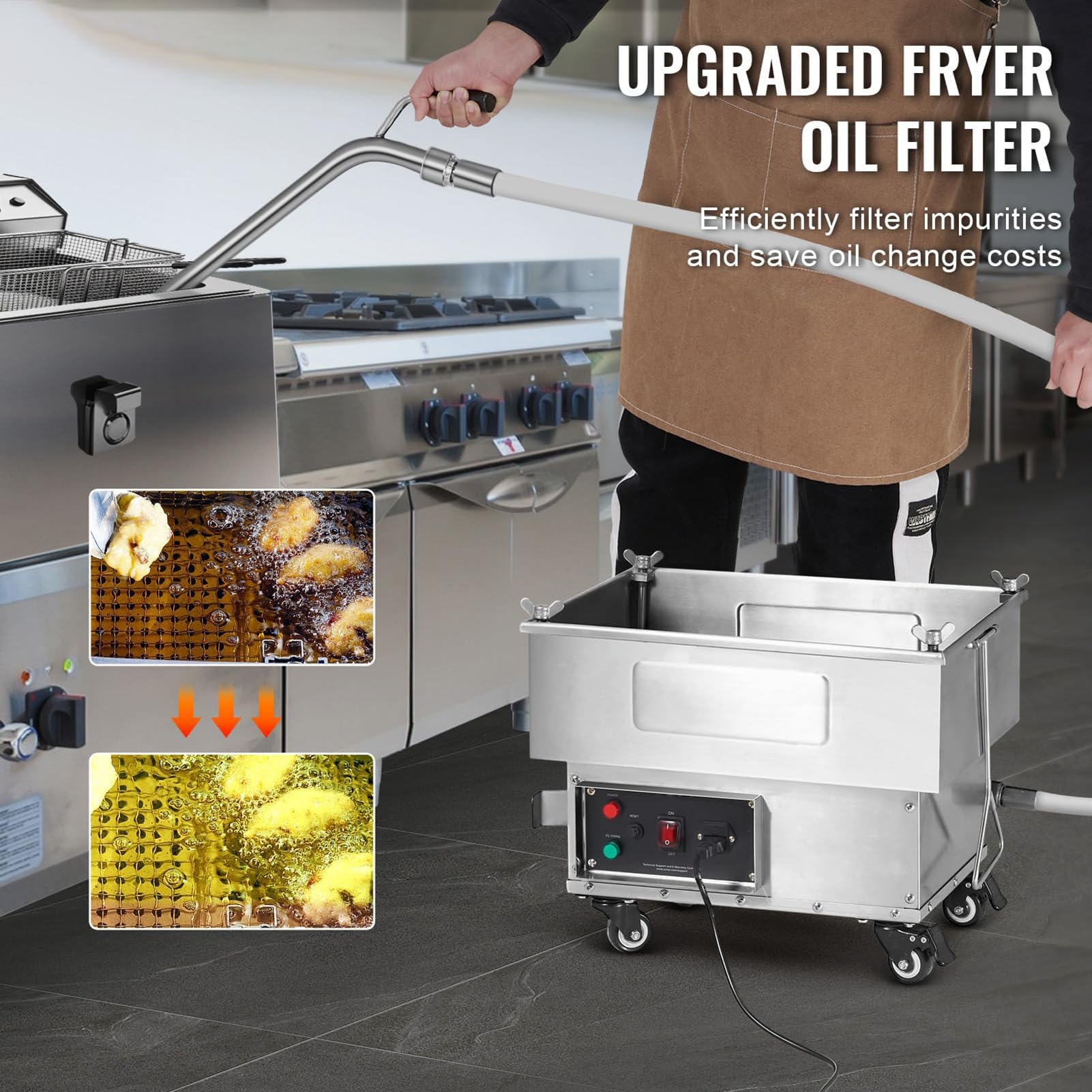 Máquina con sistema de filtrado de aceite for freír de 250 W, filtro for freidora de 18 L/5,8 galones, filtro de aceite for freidora de 10 L/min, bomba y manguera for filtro de aceite de cocina