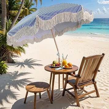 6ft Boho Patio Umbrella With Fringe Portable Outdoor Table Umbrella With Tilt Button Blue And White Striped Umbrella UPF50+ Portable Beach Umbrella With Bag Stable Umbrella Bone Anti Pinch Button