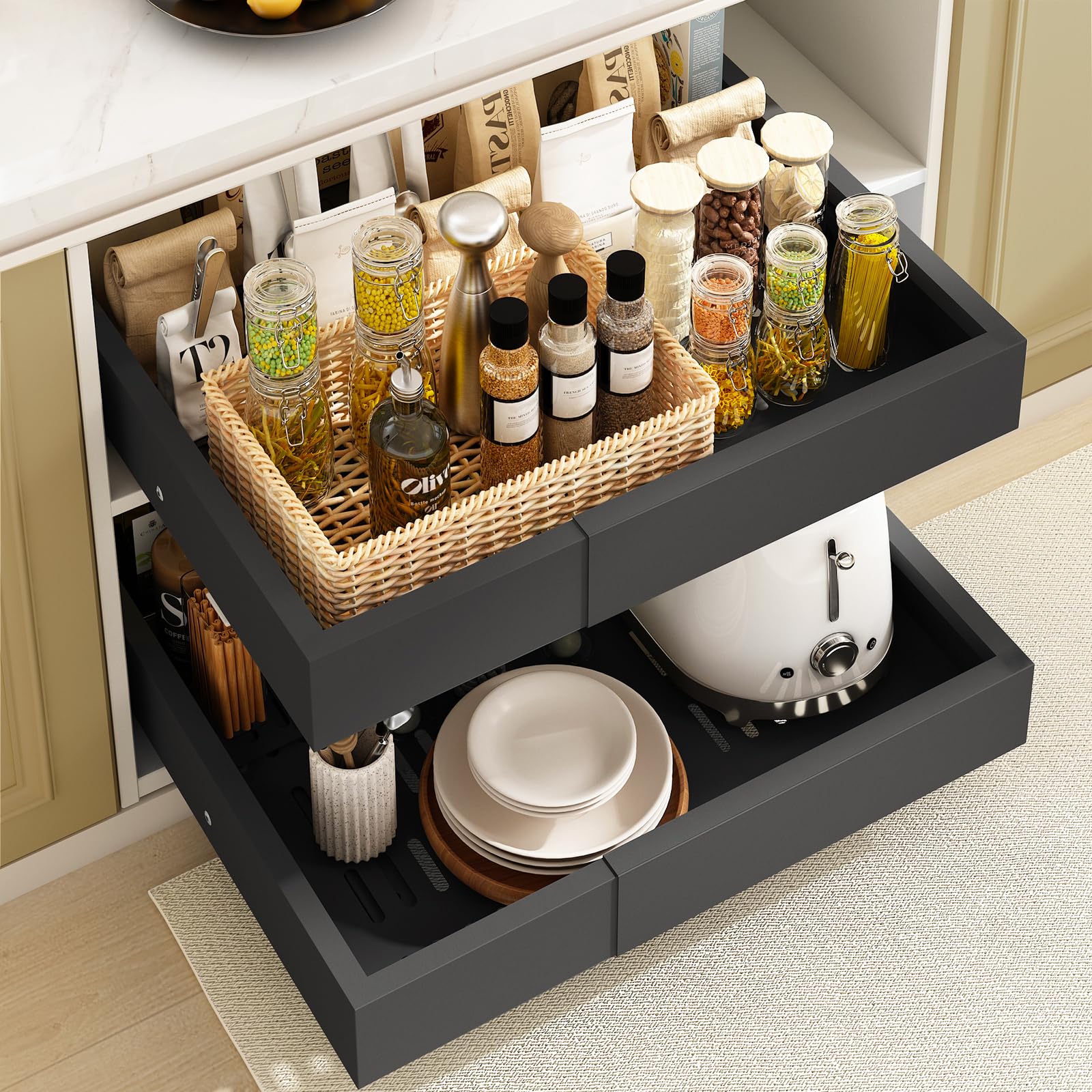 Lot de 2 Tiroirs Coulissants Cuisine-4 directions extensibles, Largeur 32–53 cm & Profondeur 41,5–61 cm, Tiroir Télescopique Métallique, Organisateur d'Armoire, Montage Adhésif/Vis, Noir