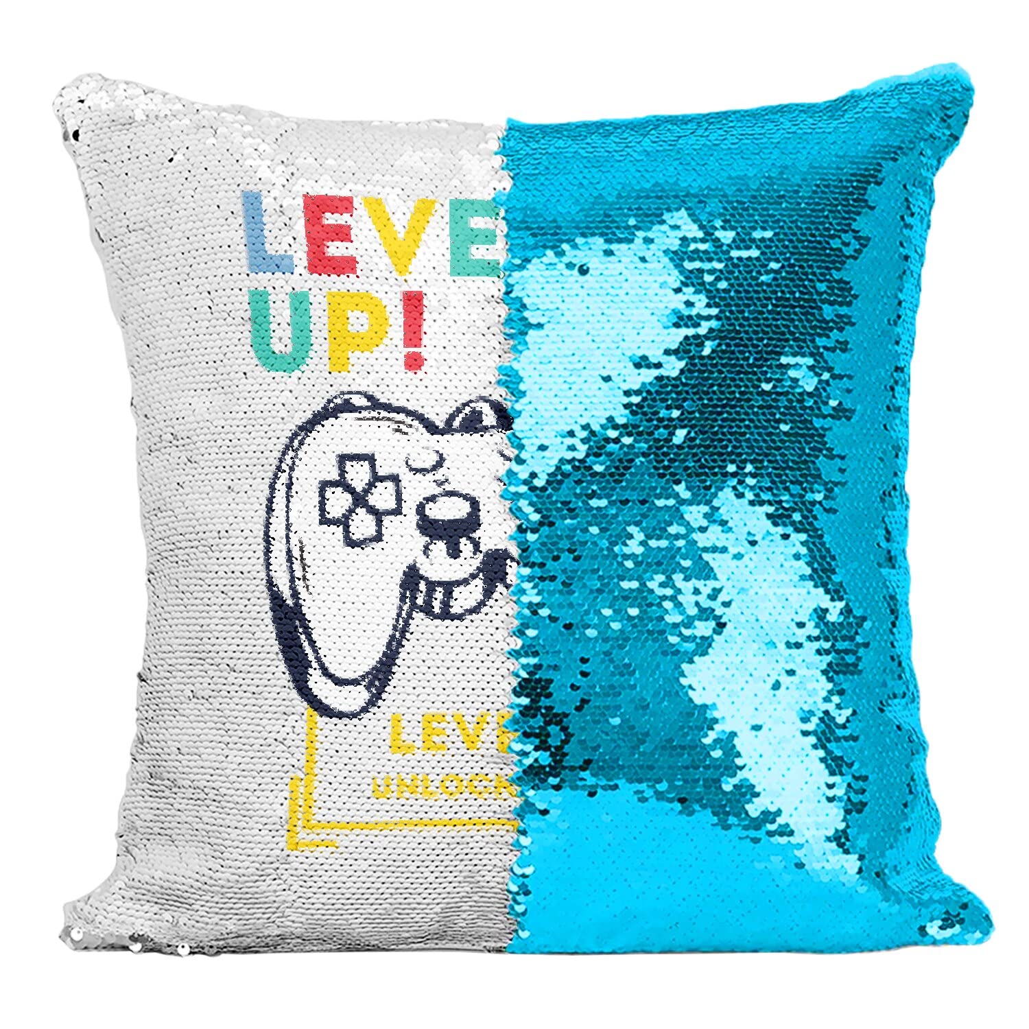 Coussin sequin turquoise Level Up Unlocked déco pour chambre d'enfant