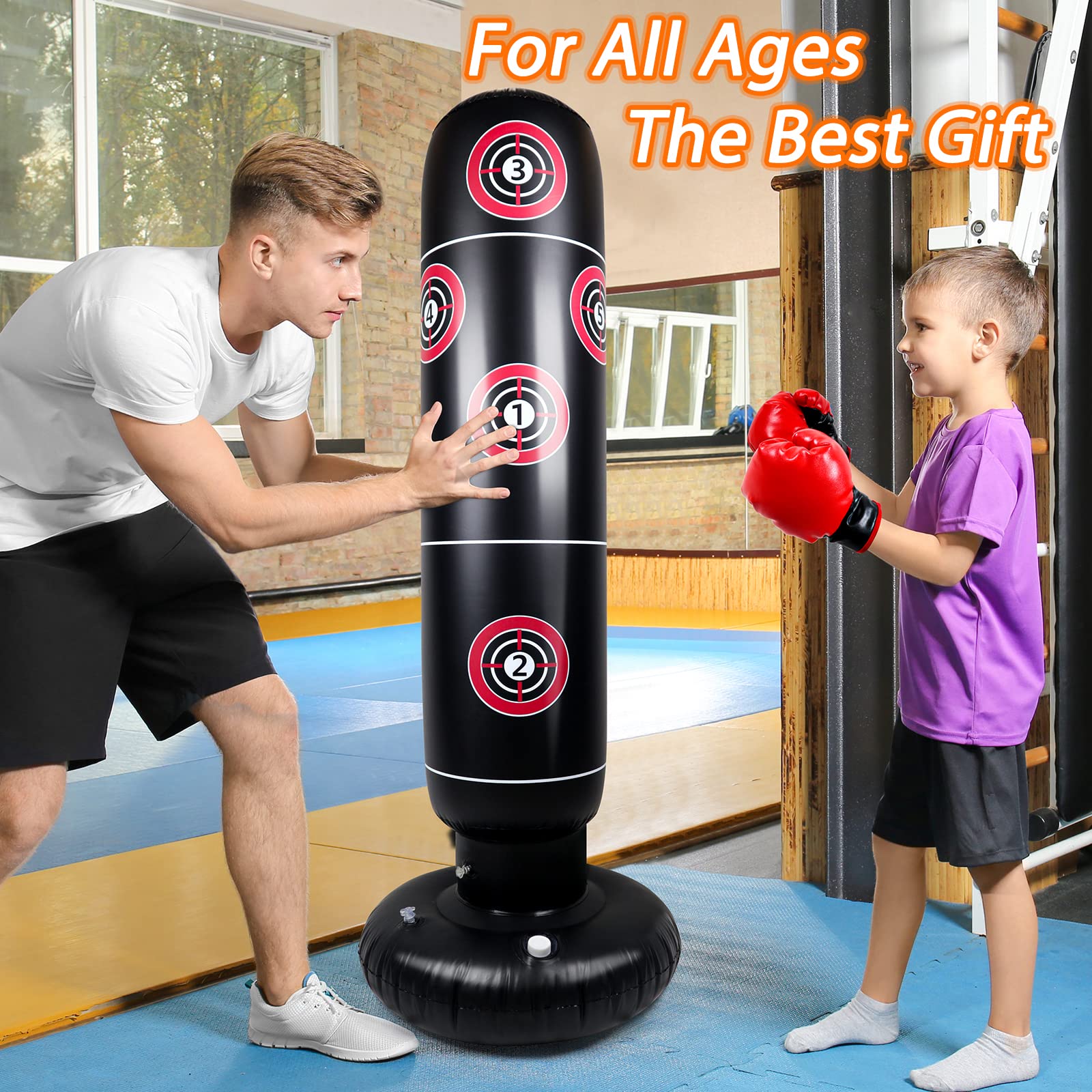 子供用膨張式パンチングバッグ、手袋付63インチキッズパンチングバッグ、自立式パンチングバッグ、ボクシングテコンドー空手キック用スタンドフィットネスパ : サンドバッグ 専用グローブセット 子供 健康運動指導
