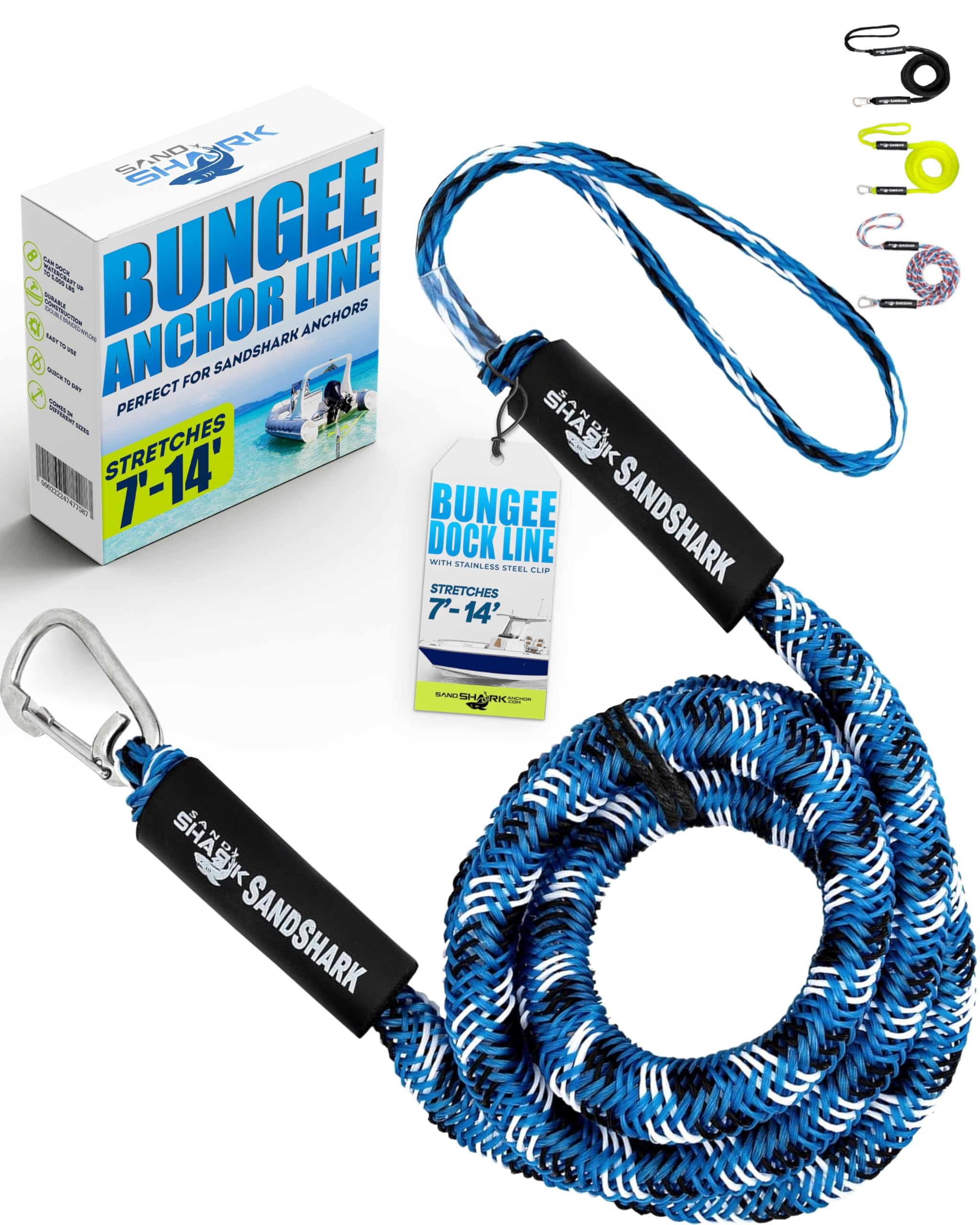 Stretches 7-14ft Premium Anchor Bungee Dock Line. Absorbs Shock to Anchors and Docks w/Stainless Steel Clip. Designed for SandShark Anchors. (Blue 7-14)