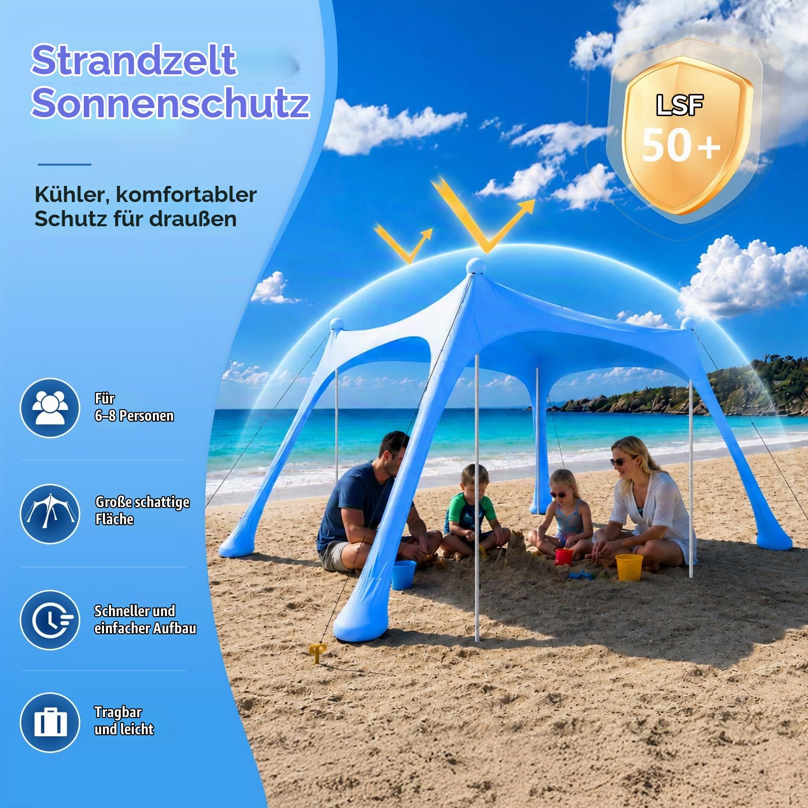 Strandzelt mit Strandmatte, LSF 50+ Hochschutz, 3x3x2m, Himmelblau | inkl. Sandanker, Alu-Stangen & Tragetasche, Perfekt für Camping, Angeln, Garten, Picknick und Strand