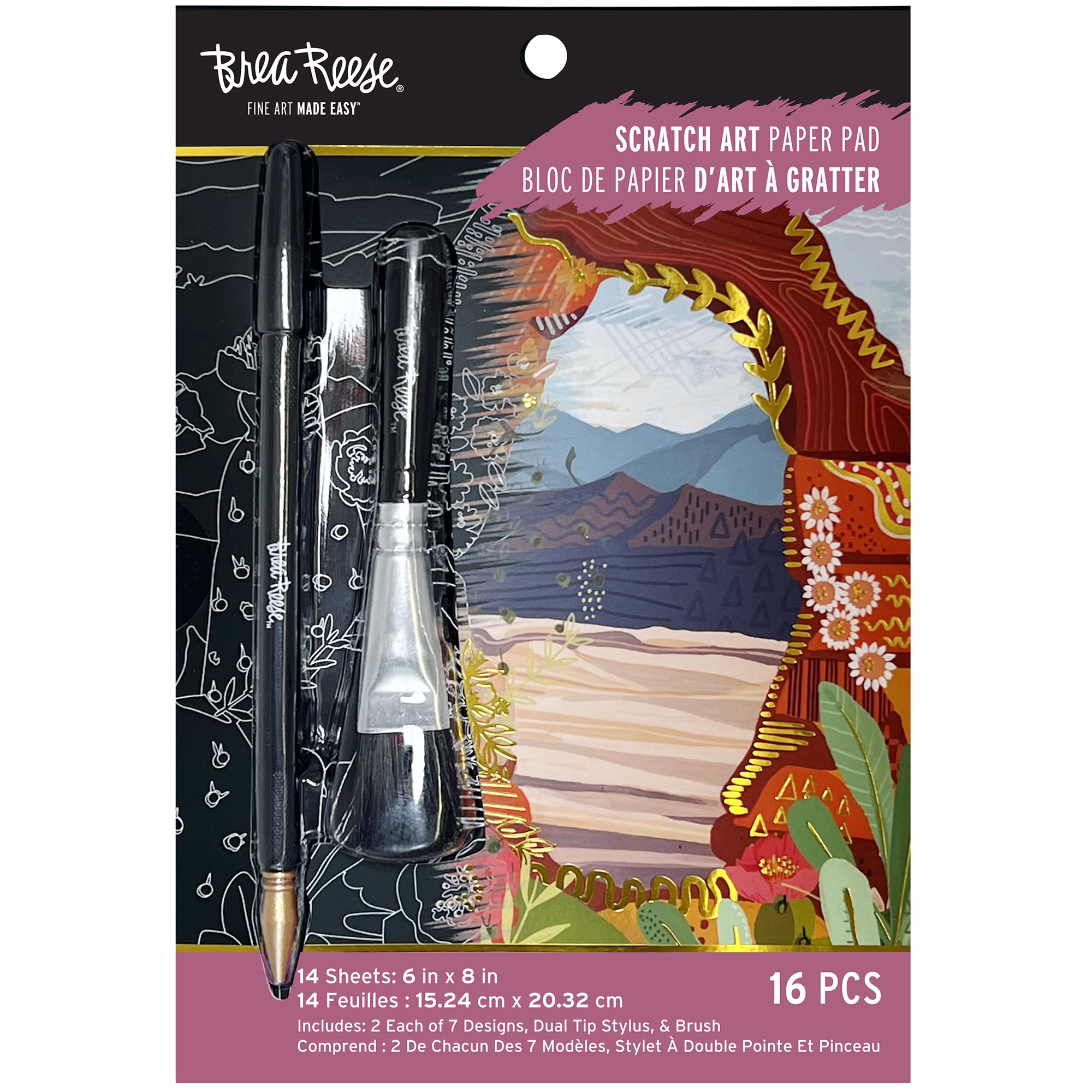 Brea Reese: Scratch Art Paper Pad - Arches & Canyons - 14 Sheets, 7 Guided Art Designs, Metallic Accents, Stylus & Brush, 6x8 Pages, DIY Adult Craft-image-1