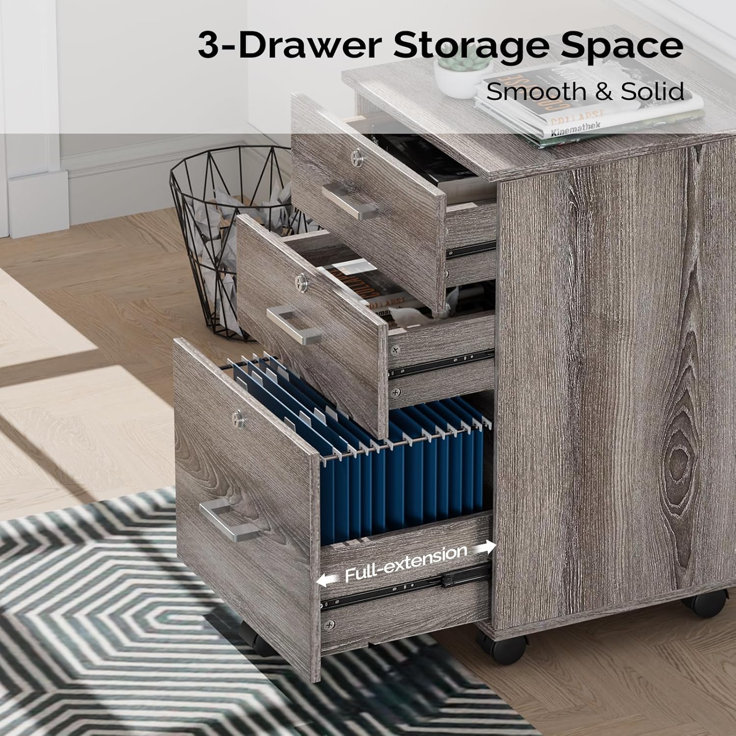 VINGLI 3-Drawer File Cabinet with Lock, Wood Rolling Filing Cabinets for Home Office, Mobile Printer Stand, Under Desk File Organizer for Letter Sized Files, 26" H(Caster Included),Gray Oak