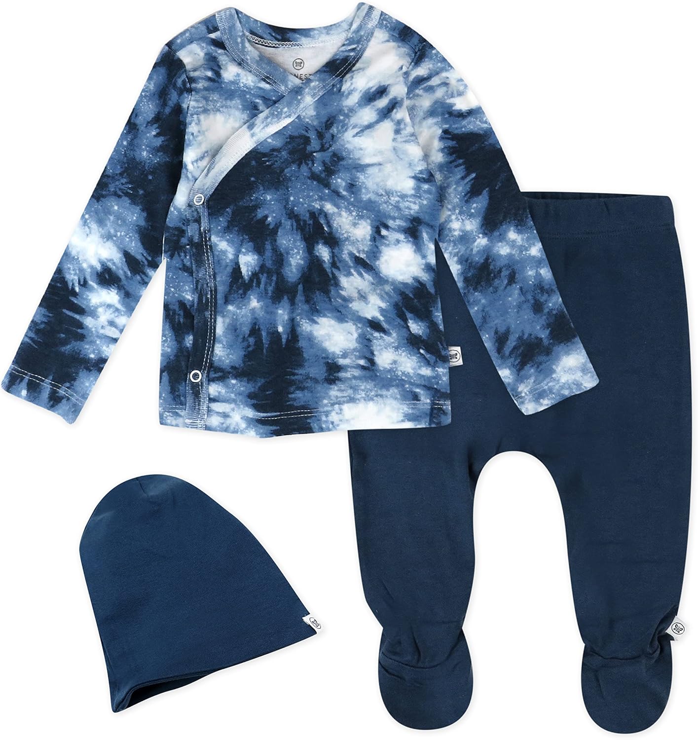 HonestBaby 3-Piece Organic Cotton Kimono Top, Footed Pant & Headband/Beanie Set for Infant Baby Boys, Girls, Unisex