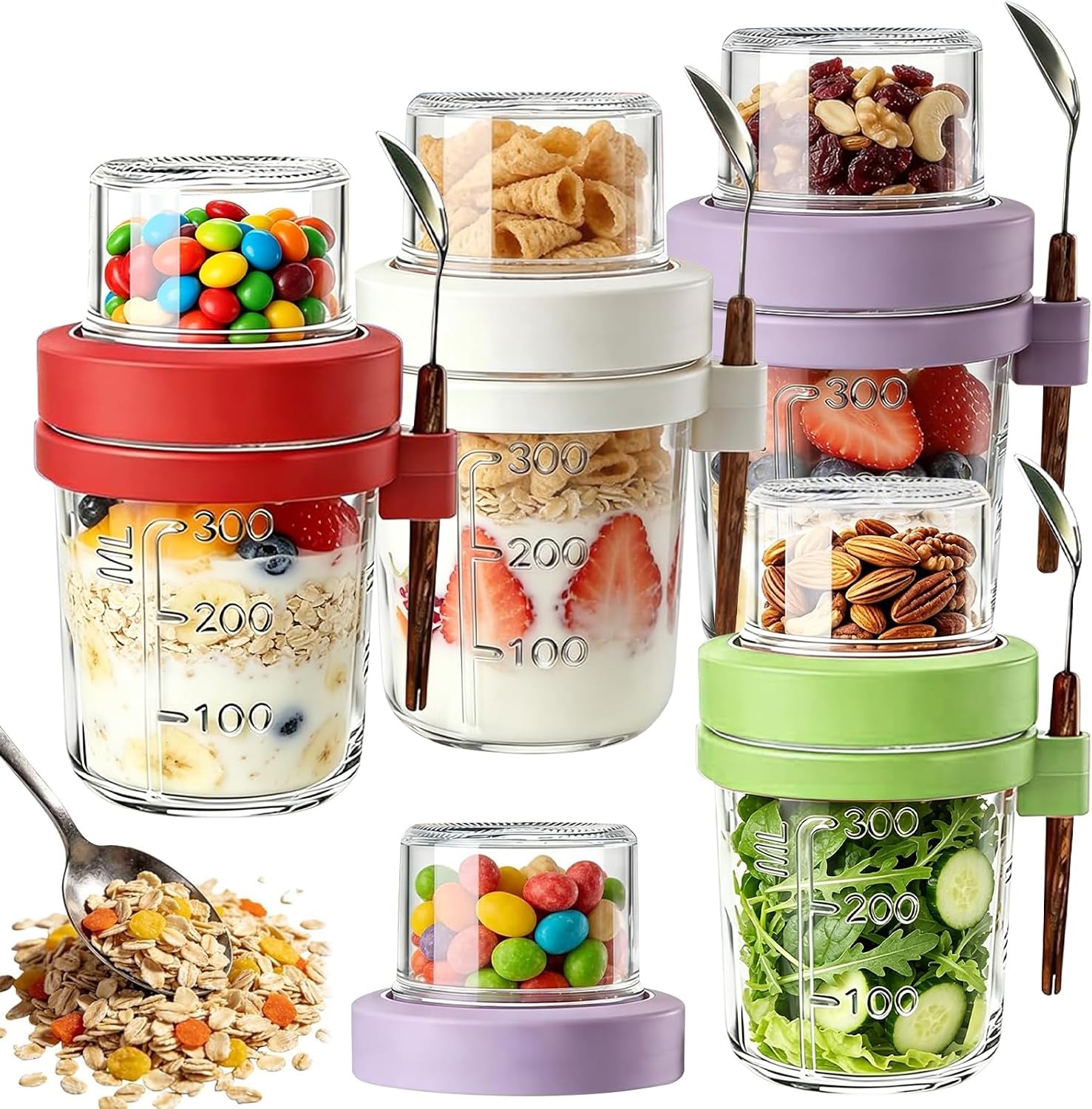 Overnight Oats Containers 4 Pack, 20oz Glass Jar with Lid & Spoon