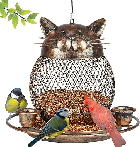 Comedero para pájaros a prueba de ardillas, bonito comedero para pájaros en forma de gato, alimentador de pájaros silvestres de cobre resistente con