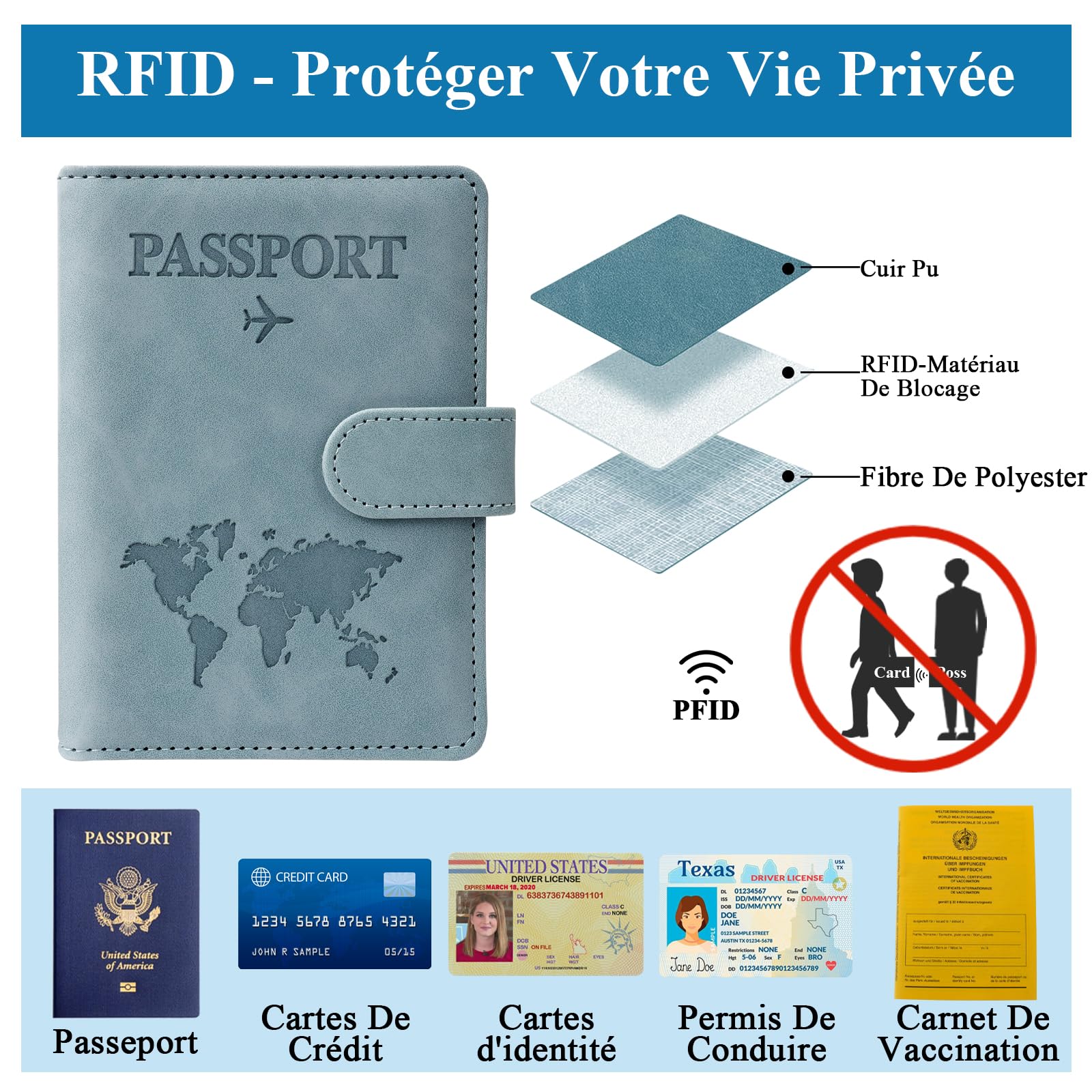 GADITIEK Protege Passeport et Etiquette Valise Set, Cuirs Protège Passeport avec Étiquette Bagage, Pochette Passeport avec RFID pour Protection Passeport, Voyage Francais Etui Passeport (Bleu)