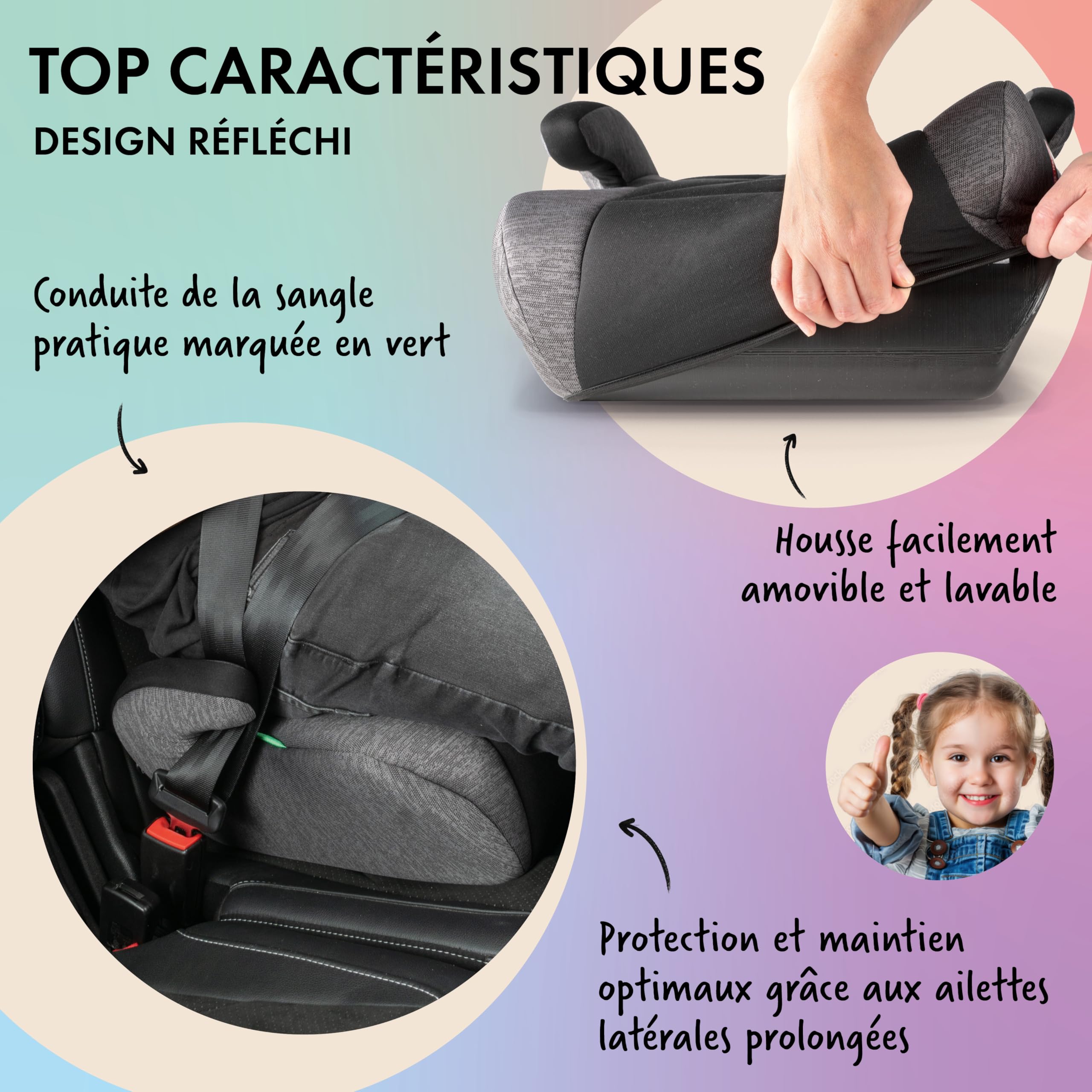 WALSER Siège enfant Raffi, siège enfant voiture 125-150 cm, rehausseur de siège enfant voiture selon la dernière norme ECE R 129, siège enfant étroit gris/noir