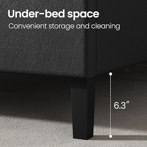 Miniatura 5 de Marco de cama matrimonial con cabecero, plataforma tapizada de piel sintética, marco de cama negro tamaño matrimonial, soporte de listones de Negro