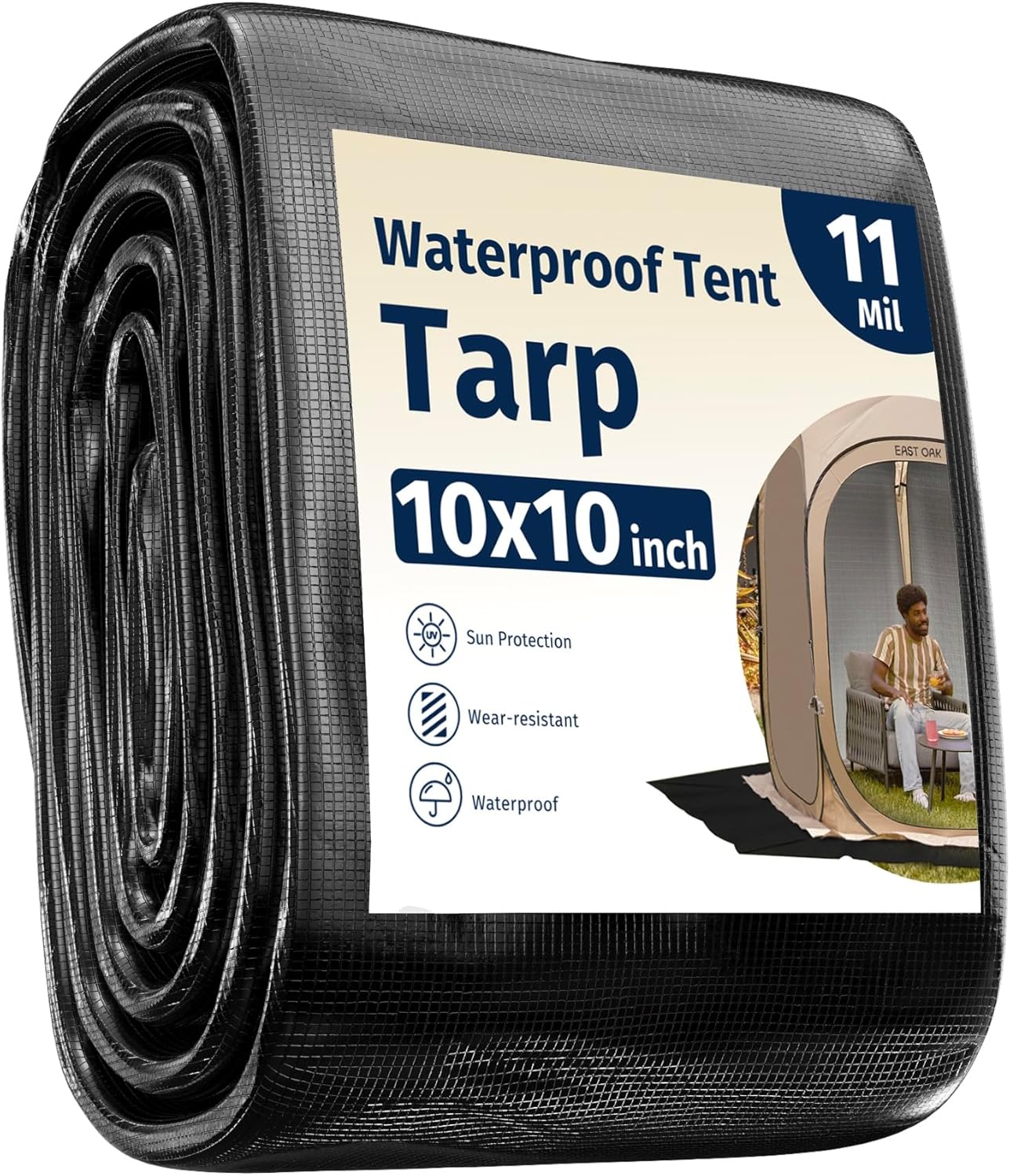 EAST OAK Waterproof Tarps for Outdoors as Tent Floor Mat for EAST OAK Screen House & Pop-Up Tent 10 x 10 FT, 11 Mils Thick, Multipurpose Protective Tarps, Tarp Waterproof, Sun Protection, 132" x 151" Black 10x10 ft