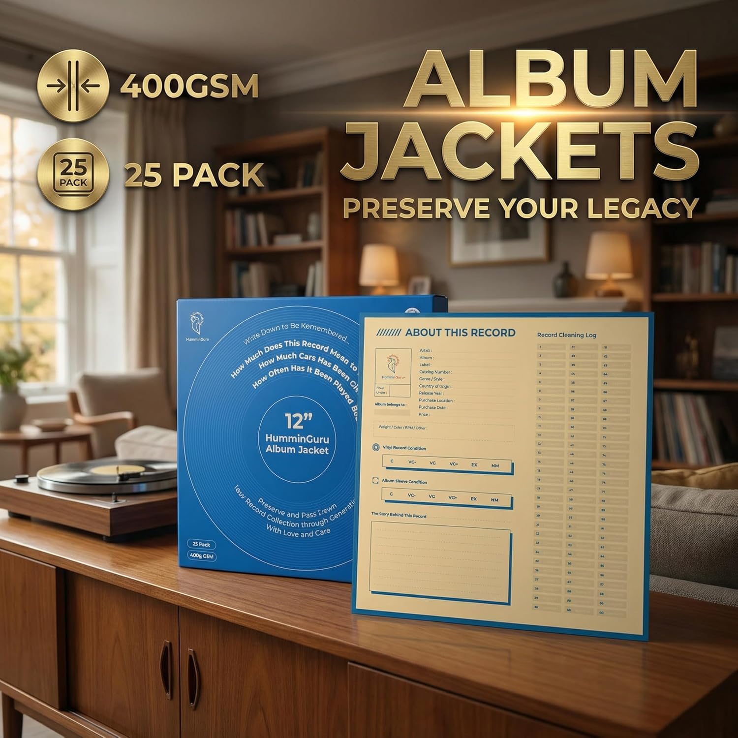 HumminGuru 12 Inch Album Jackets, 400GSM Cardboard Vinyl Record Jacket, Blank Cardboard Jacket for Replacing Album Cover & Record Cover, Heavy LP Vinyl Covers 5LB/25Pack (Record Jackets, 12")