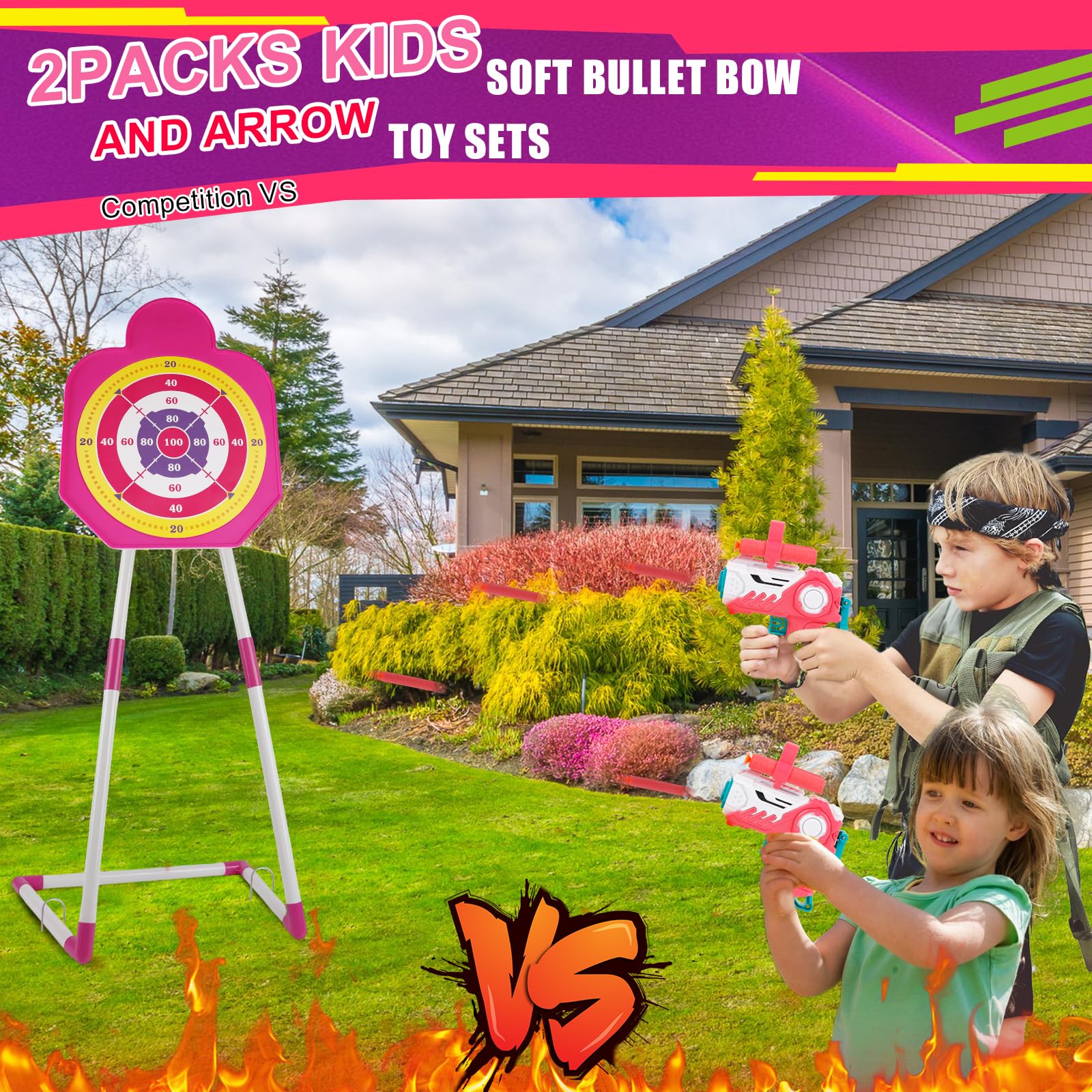 2 Pack Arco e Freccia per Bambini con Luci LED, Giocattolo per Bambini Tiro con l'arco Luminoso, Giocattolo Interno ed Esterno per 3-12 Anni Regalo Ragazzi Ragazze (Rosa)