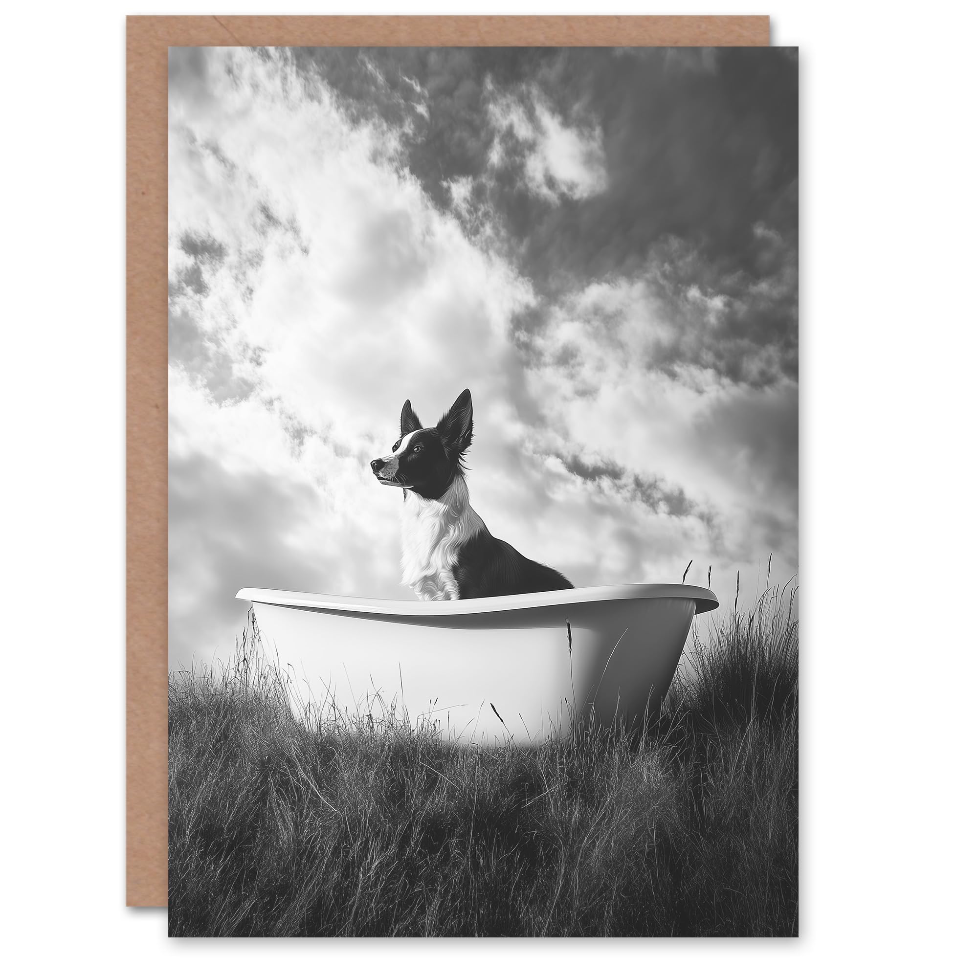 Artery8 Greeting Card Collie in a Bathtub Black White Surreal Dog Lover Blank For Him Or Her Art Birthday Card