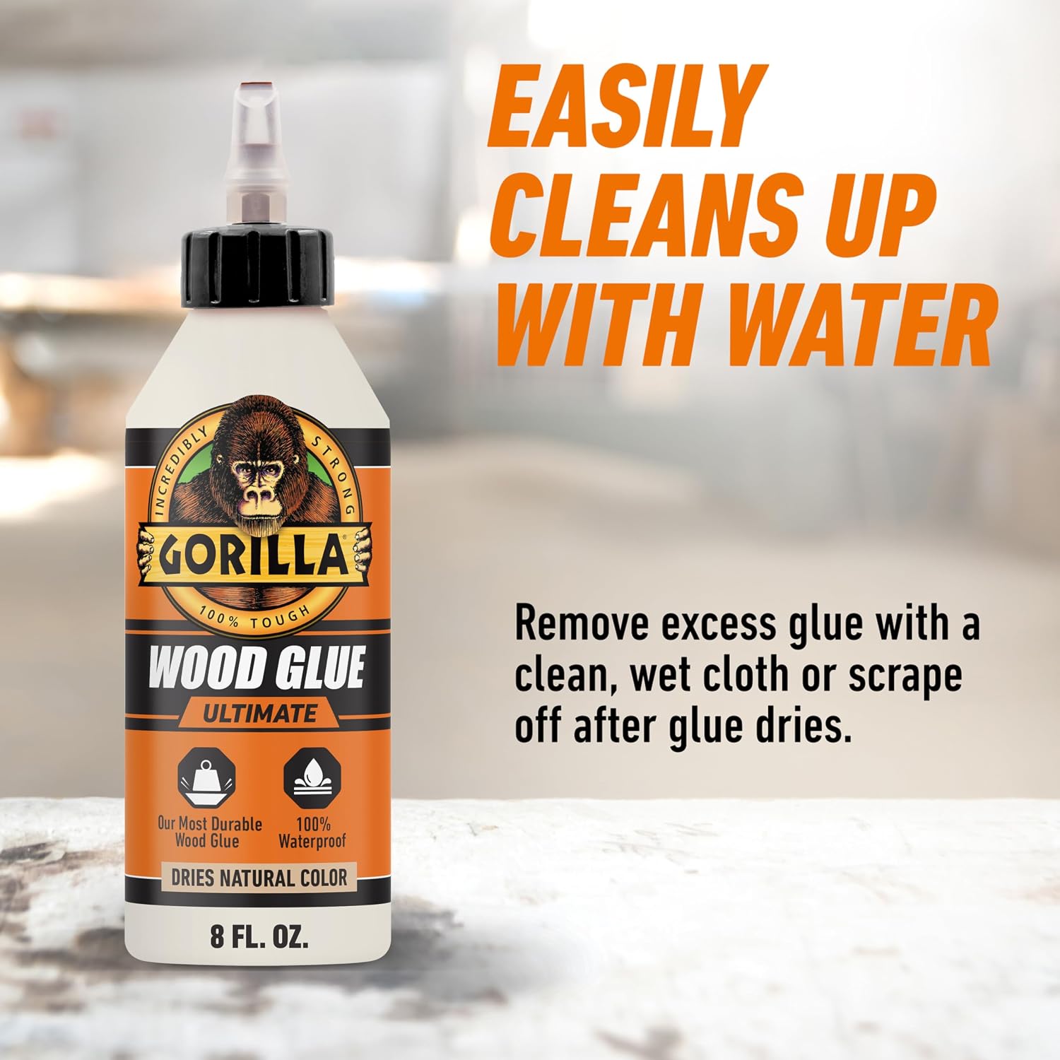 Gorilla Ultimate Waterproof Wood Glue, Natural Wood Color, 8 Ounce (Pack of 1) - Waterproof for Indoor or Outdoor Projects and Repairs