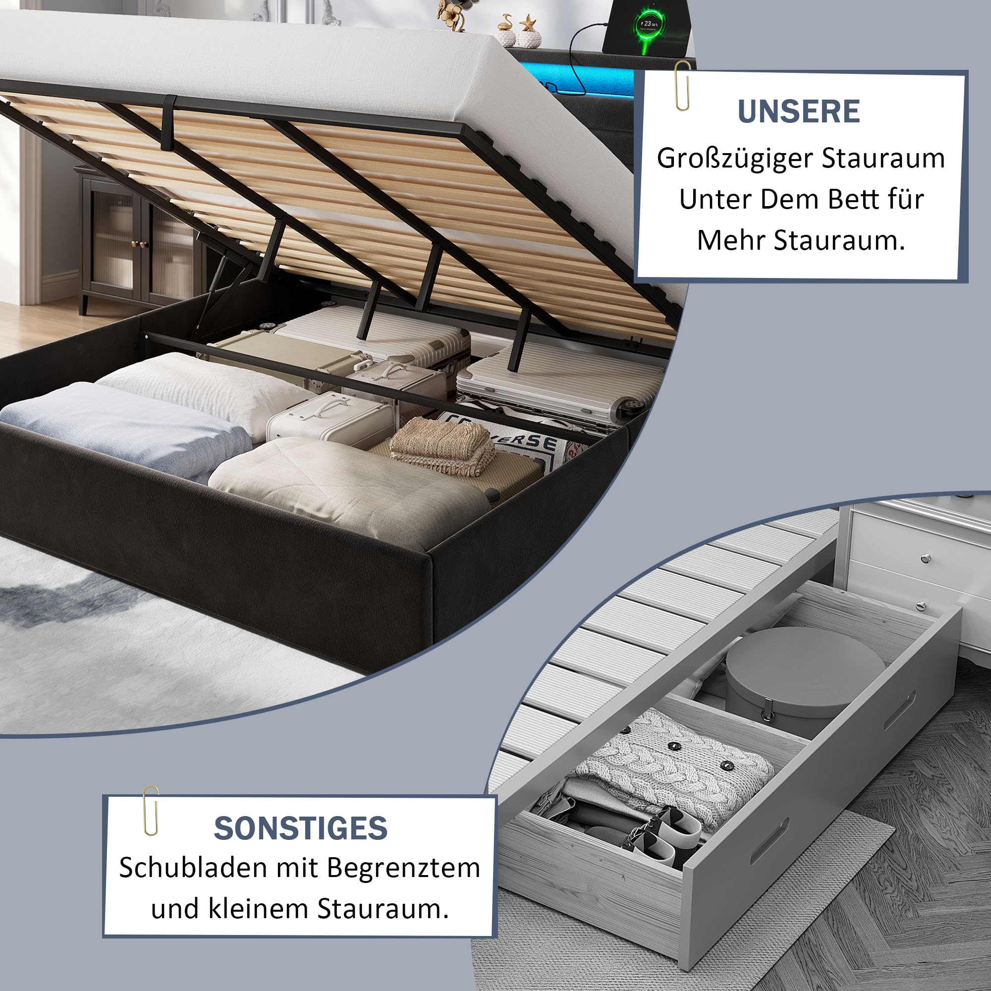 iPormis Bett 180x200 mit Stauraum, Polsterbett 180x200 cm mit LED-Beleuchtung & Ladestation, Bettgestell mit Hydraulischem und Leinen Kopfteil Stauraum, Lattenrost, Ohne Matratze, Velous Dunkelgrau