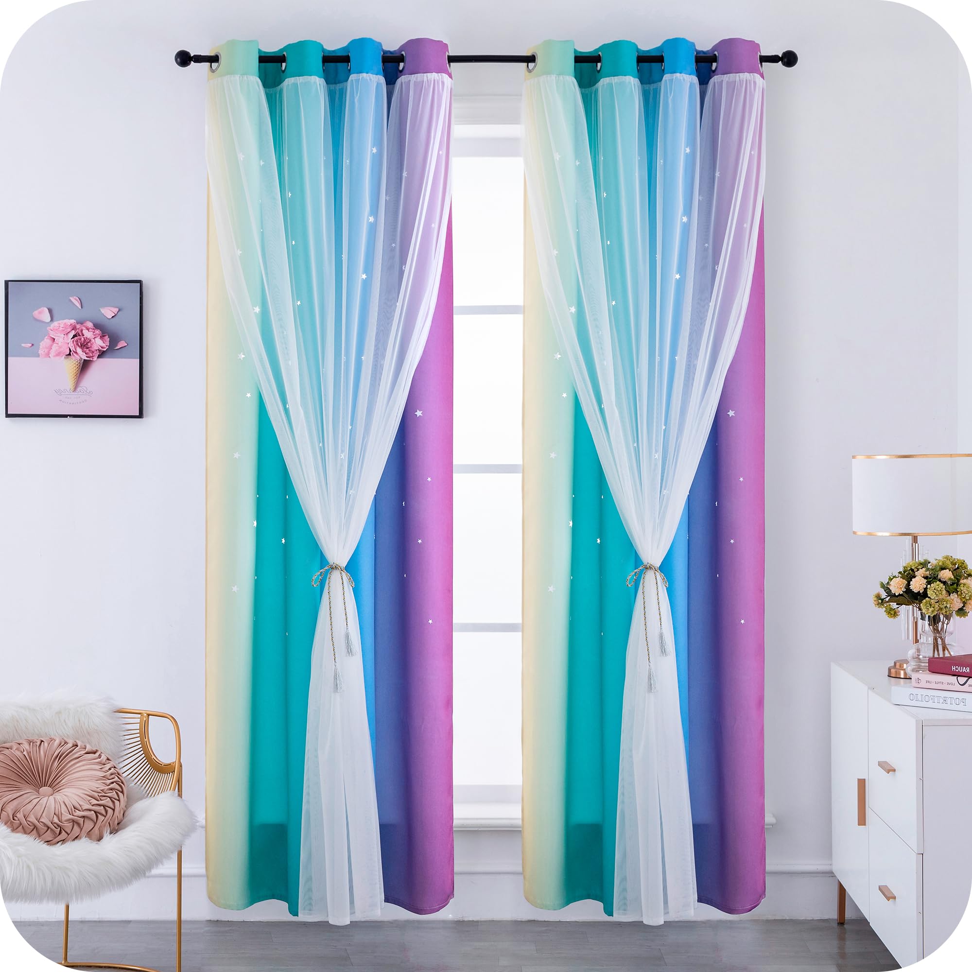 Tende Doppio Velo Oscuranti Morbide Fantasia Stelle Vuote Isolante per Camera Bambini 2 Pannelli 140x285cm Arcobaleno Freddo