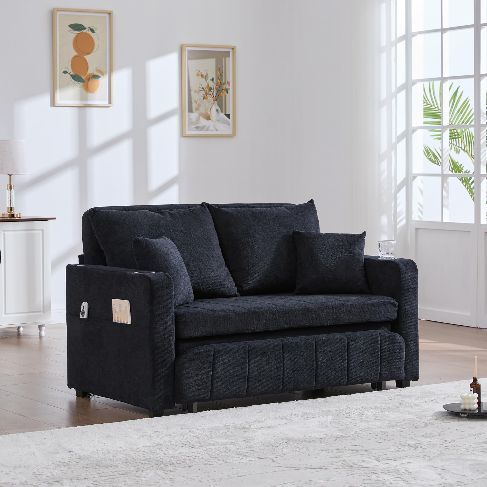 Sofá de dos plazas con función de dormir, sofá cama extensible, sofá plegable multifuncional, con bolsa de almacenamiento, portavasos y 4 cojines, sofás pequeños para espacios pequeños, color negro