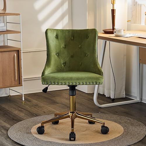 Miniatura 9 de VINGLI Silla de escritorio de oficina sin brazos de terciopelo verde oliva con base doradaruedas, pequeña silla de tocador y maquillaje con respaldo