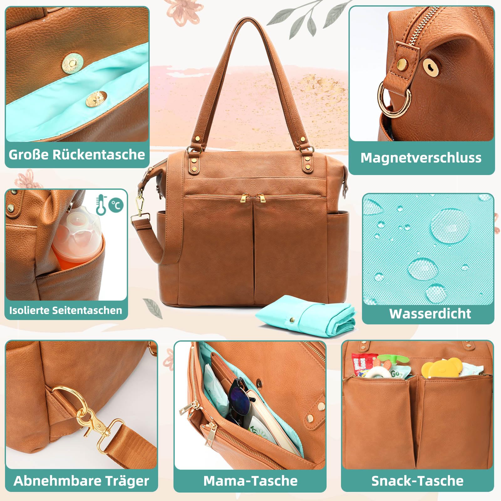 MISS FONG Wickelrucksack Wickeltasche Leder, Baby Rucksack Wickelrucksack Große Kapazität Mit 13 Wickeltasche Organizer, Wickelunterlage für Mama & Papa Wasserdichter Rucksack-Braun