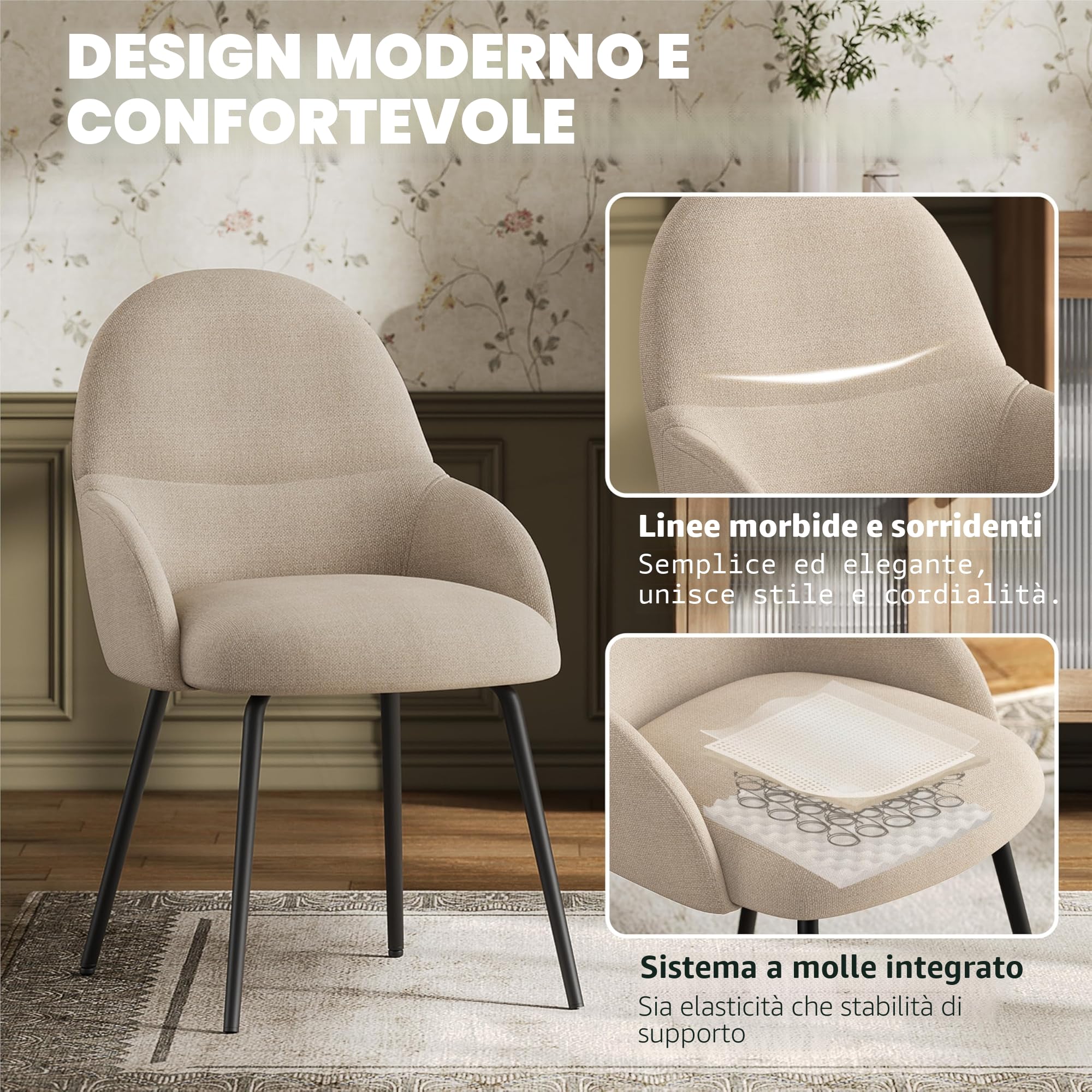 Set di 4 sedie per sala da pranzo con braccioli – Sedie ergonomiche imbottite, moderne sedie da cucina con rivestimento in lino e gambe in metallo, sedie imbottite per soggiorno, sala da