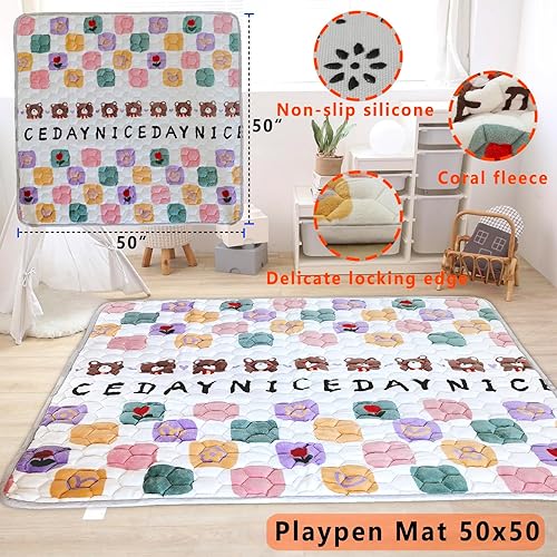 Miniatura 2 de YANGSHILEI Tapete para corralito de 50 x 50 pulgadas, grueso de una pieza, antideslizante, acolchado, tapete de juego para bebés, niños pequeños,