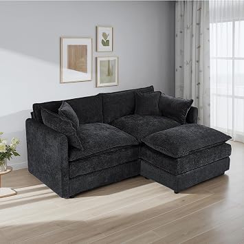 Setawix Deep Loveseat Couch with Ottoman for 2 People,L-Shaped 2 Seater Cloud Sofas for Living Room,78" L Shape Chenille Cloud Couches with Deep Seat,Modular Sectional 2 Seat Lounger Sofa Black, 2+1