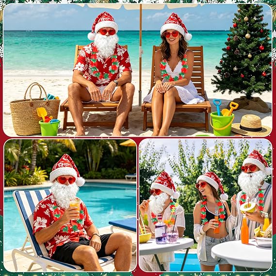 kaiolby 4 Pieces Christmas in the July Party Decorations Tropical Christmas Costume Accessories Set Santa Hat Hawaiian Leis Sunglasses Beard for Summer Beach Xmas Outfits Decoration