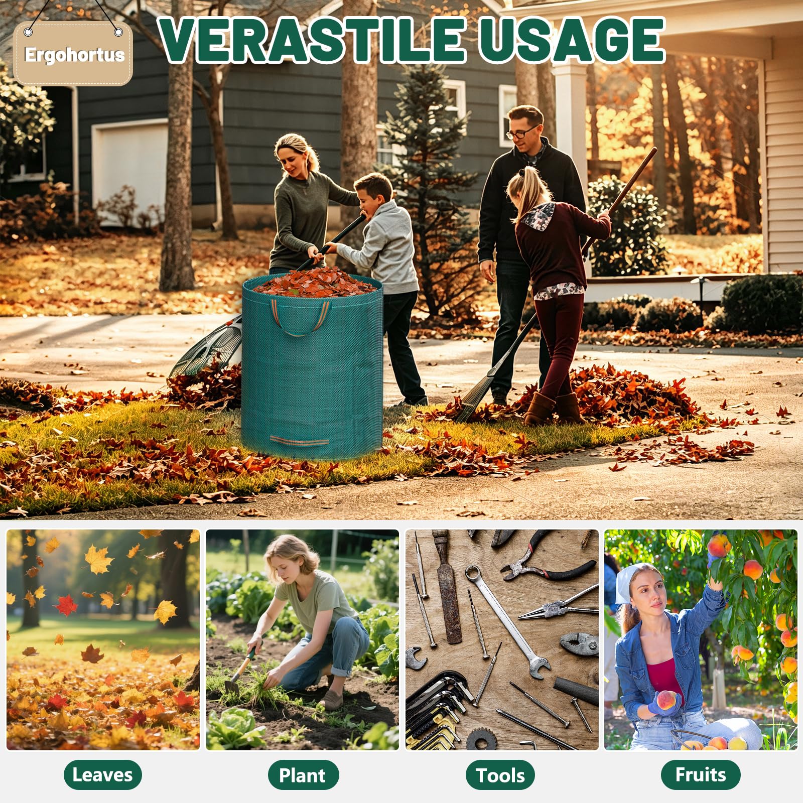 Sac Déchets Verts Résistant Ergohortus – 3x500 L Sacs à Déchets de Jardin Réutilisables avec Poignées, Sacs Végétaux de Jardin Pliables Pour Feuilles et Déchets– Sacs Poubelles de Jardin Imperméables