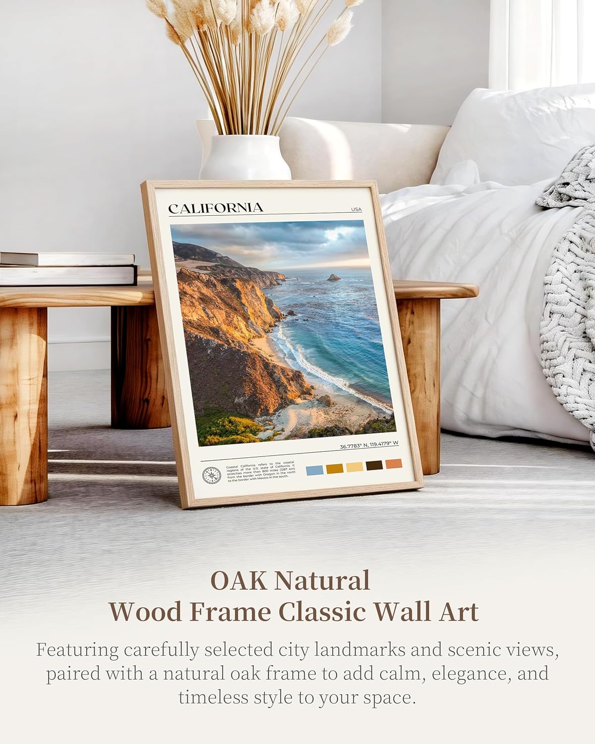 HesenDot Natural OAK Wood Coastal California Refers Framed Wall Art,12x16in Natural Seascape Canvas Wall Print,Classic Urban Landmark Wall Decor for Living Room,Bedroom,Office Gallery Gifts Set of 1