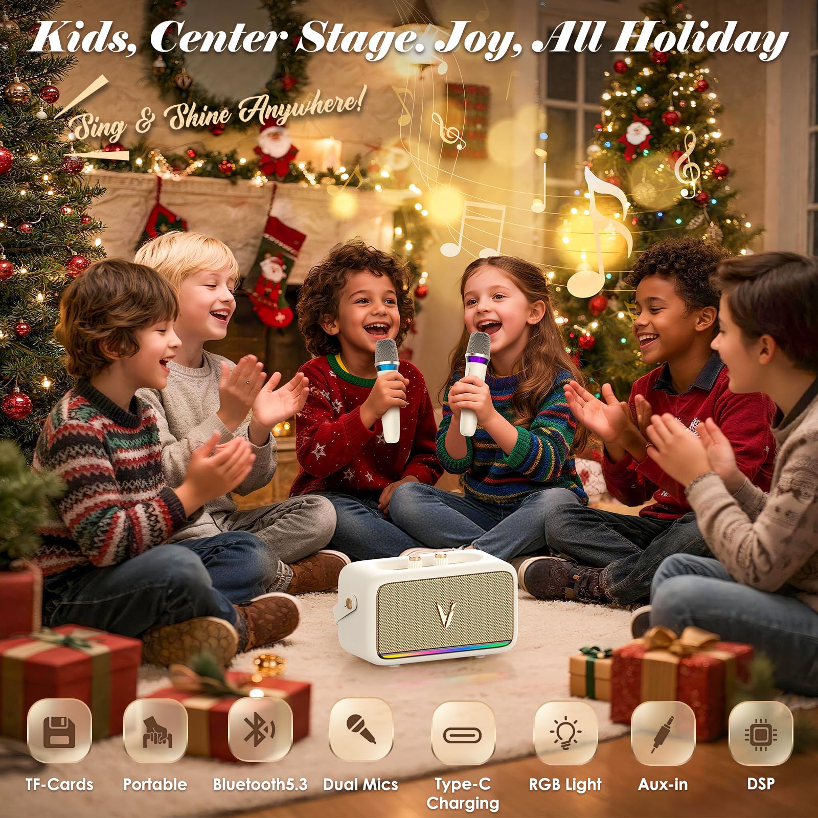 Macchina per karaoke con 2 microfoni wireless e involucro in morbida pelle, altoparlante Bluetooth portatile con 5 modalità di cambio vocale per feste a casa, supporto AUX/USB/TF, per bambini
