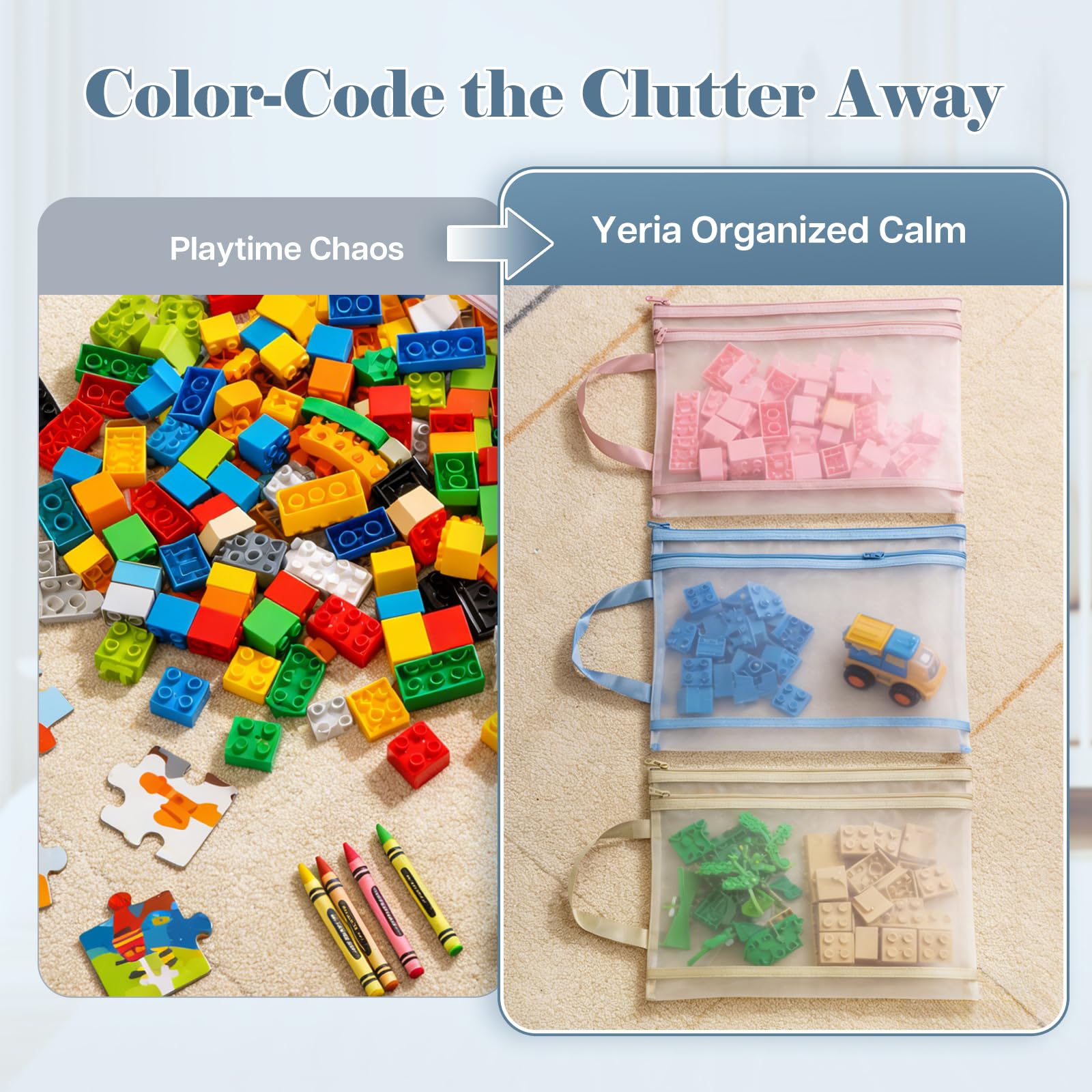 Yeria Confezione da 12 sacchetti in rete formato A4, organizer traspirante a doppio strato con manici, 6 colori rilassanti per set di blocchi da costruzione, puzzle e giocattoli, sacchetti da viaggio