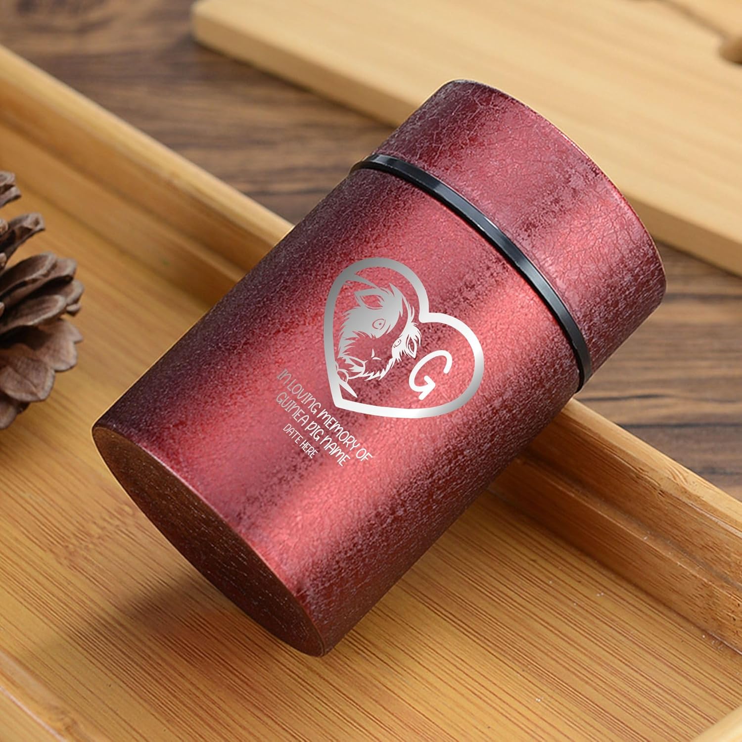 Custom Compact Mini Keepsake Textured Pet Cremation Urn - Engraved Stainless Steel Urns for Guinea Pig Memorial Ashes, Ice Red | 3.2" x 2" (4-8 lbs Capacity) Guinea Pig Face