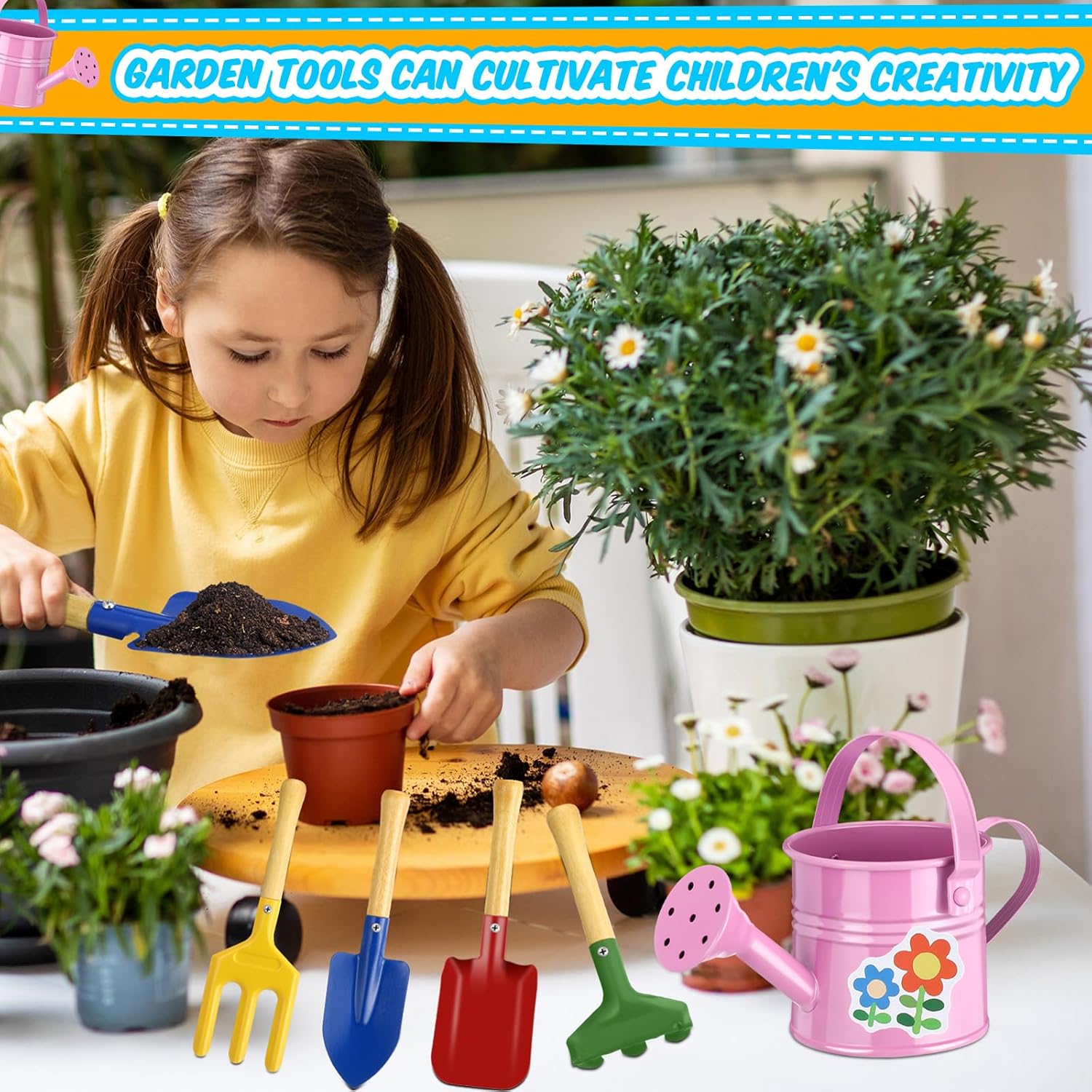 130 Pcs Kids Garden Tools Set Include 6 Pcs Small Metal Watering Can 24 Gardening Tools Kit Shovel, Rake, Fork and Trowel with Wooden Handle and 100 Stickers for Kids Beach Planting Gifts