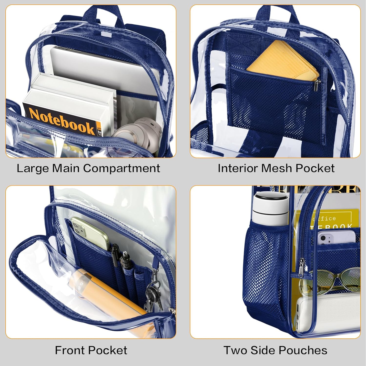 PAMANO Clear Backpack, Heavy Duty Transparent Backpack with Reinforced Bottom See Through for College, Travel, Workplace Security, Navy - Image 2