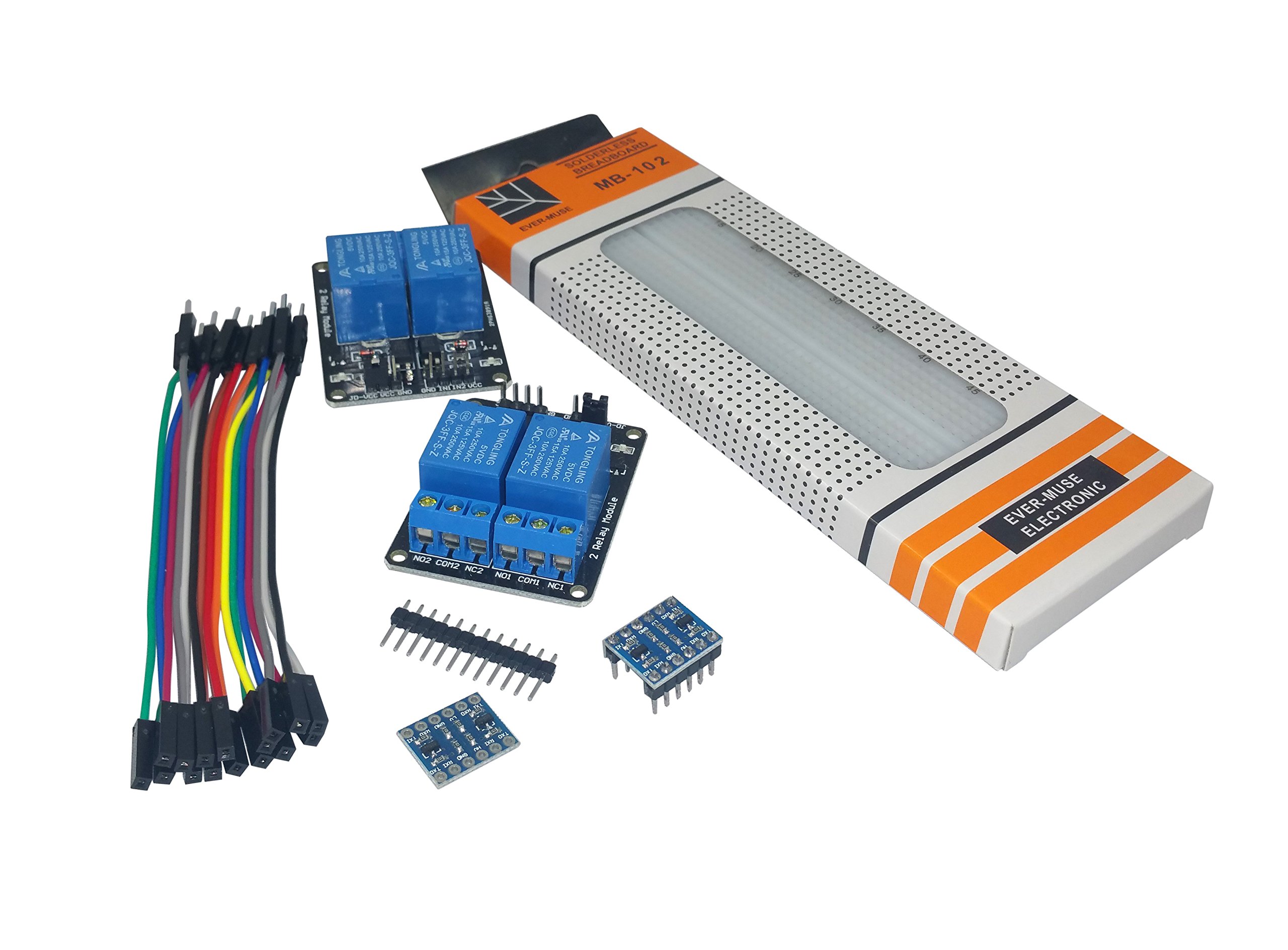 [initeq] 2-Pack Dual Channel 5V Relay Module with Logic Level Shifter Voltage Converter Adapter for 3.3V Devices (Raspberry Pi, STM32, ESP8266, etc) + Breadboard