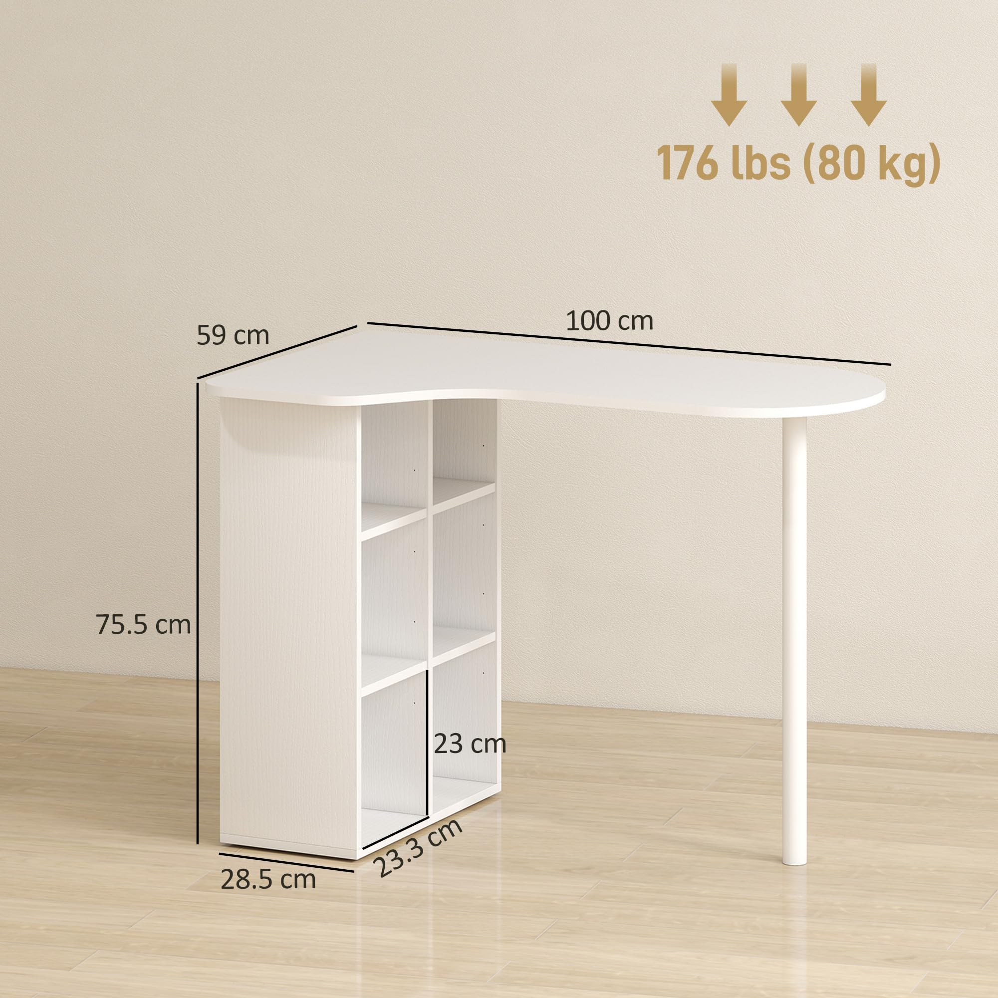 HOMCOM Scrivania Salvaspazio, con 6 Scomparti, 100x59x75.5 cm, Bianco | Scrivania Piccola, 4 Scaffali Regolabili, Piano Ricurvo, Tavolo Computer, per Casa, Studio e Ufficio