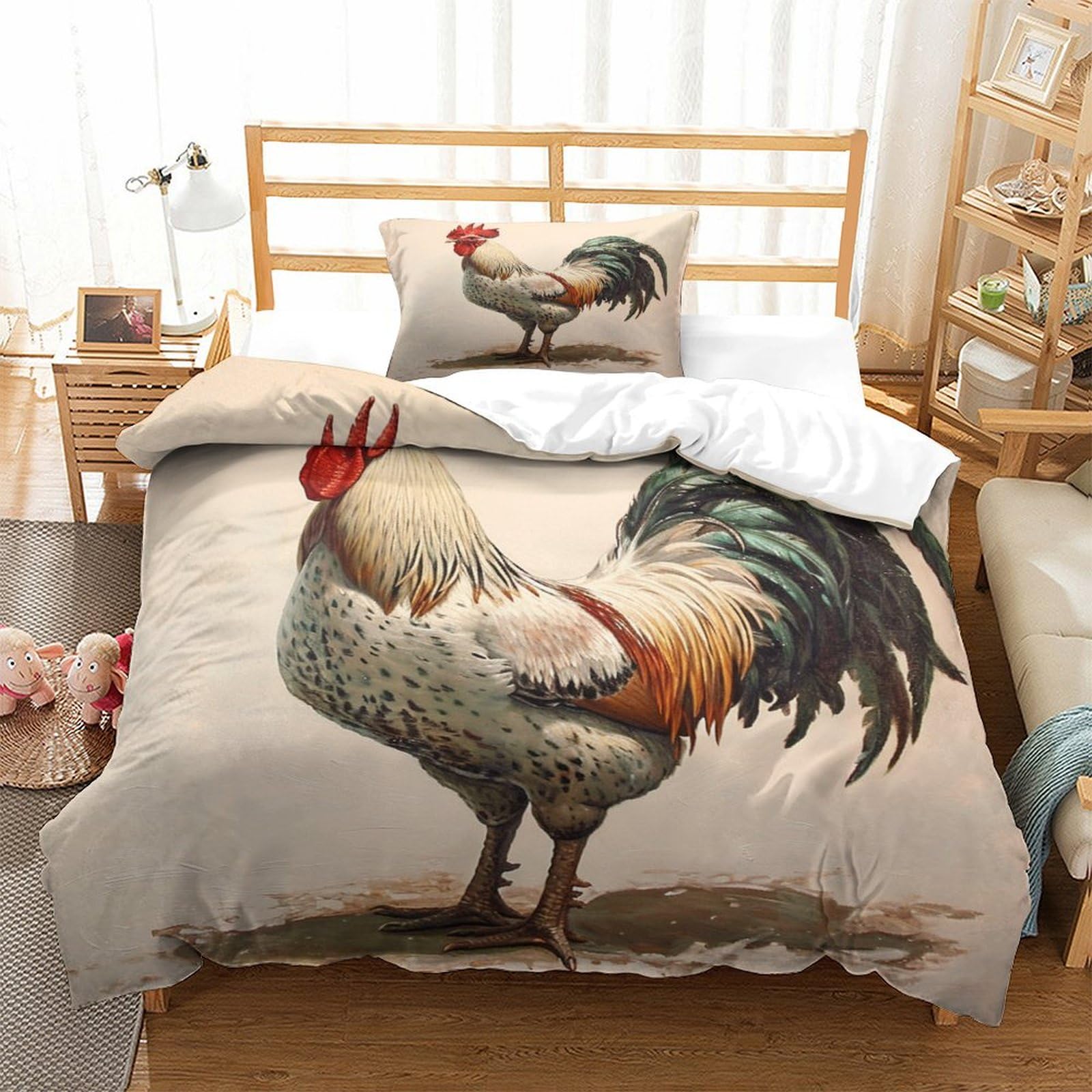 P1s9u7w5y Gallic Rooster-3 Farm Rooster 3D Printed Microfiber Duvet Cover Set 3Pcs Country Animal Bedding Set Single（135X200cm）