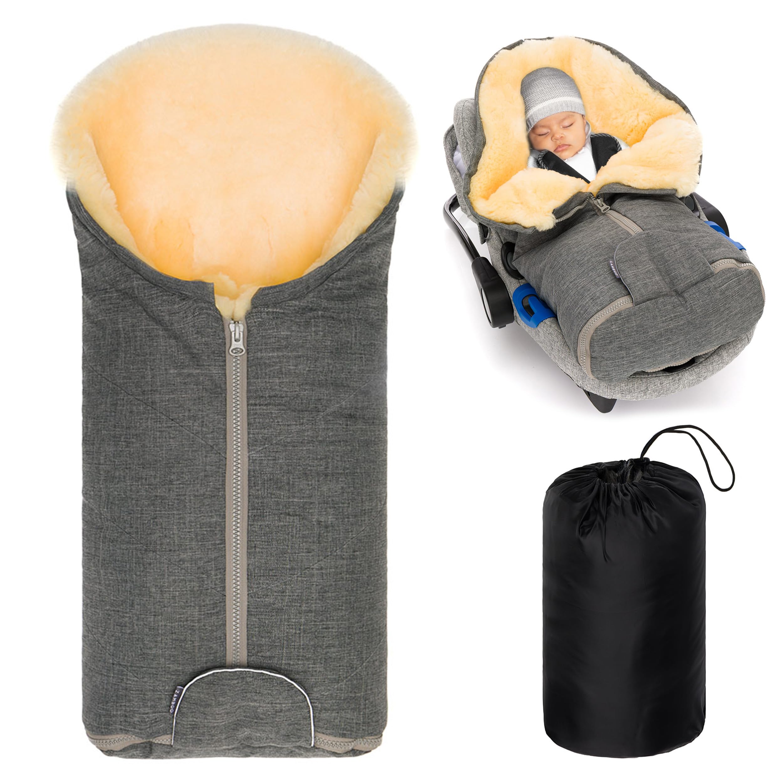 Zamboo Lammfell Fußsack für Babyschale und Kinderwagen Wanne - Universal Baby Winterfußsack aus Merino Lammwolle, für 3 Punkt und 5 Punkte Gurte - Grau | Universal Baby Winterfußsack aus Merino Lammwolle, für 3 Punkt und 5 Punkte Gurte
