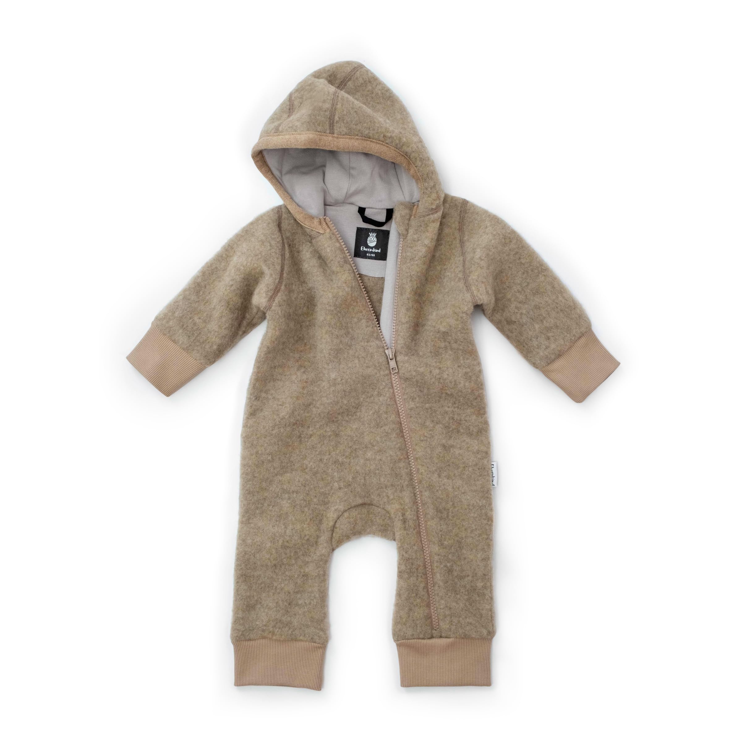 Ehrenkind® Fleeceoverall aus 100% Bio-Merinowolle, Atmungsaktiv & temperaturausgleichend, Wollfleece, Baby Overall mit Kapuze
