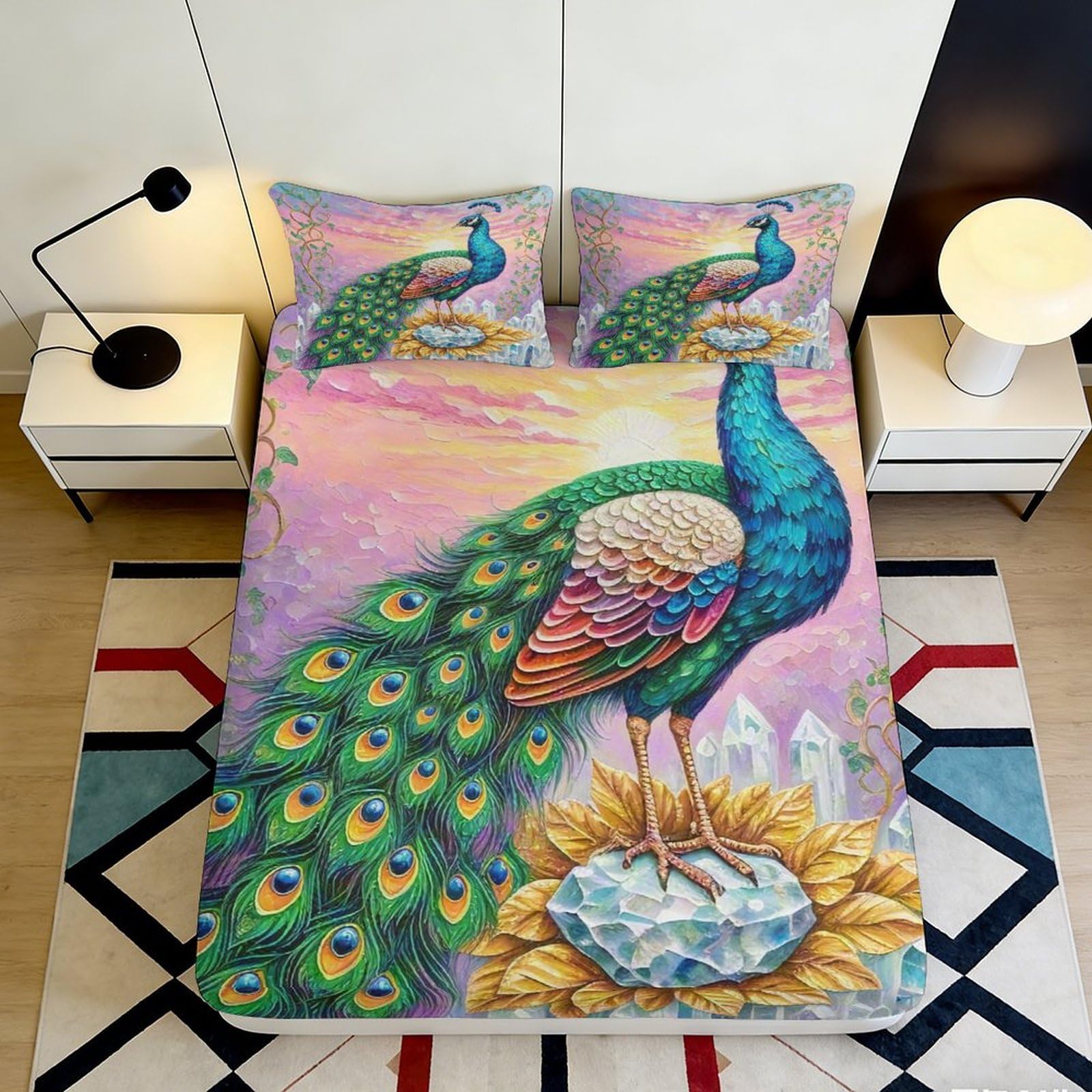3D Printed Colorful Peacock Fitted Sheet Microfiber Soft Breathable Artistic Bed Cover for Bedroom Dormitory Guest Room Mattress Protection 120x200x25cm