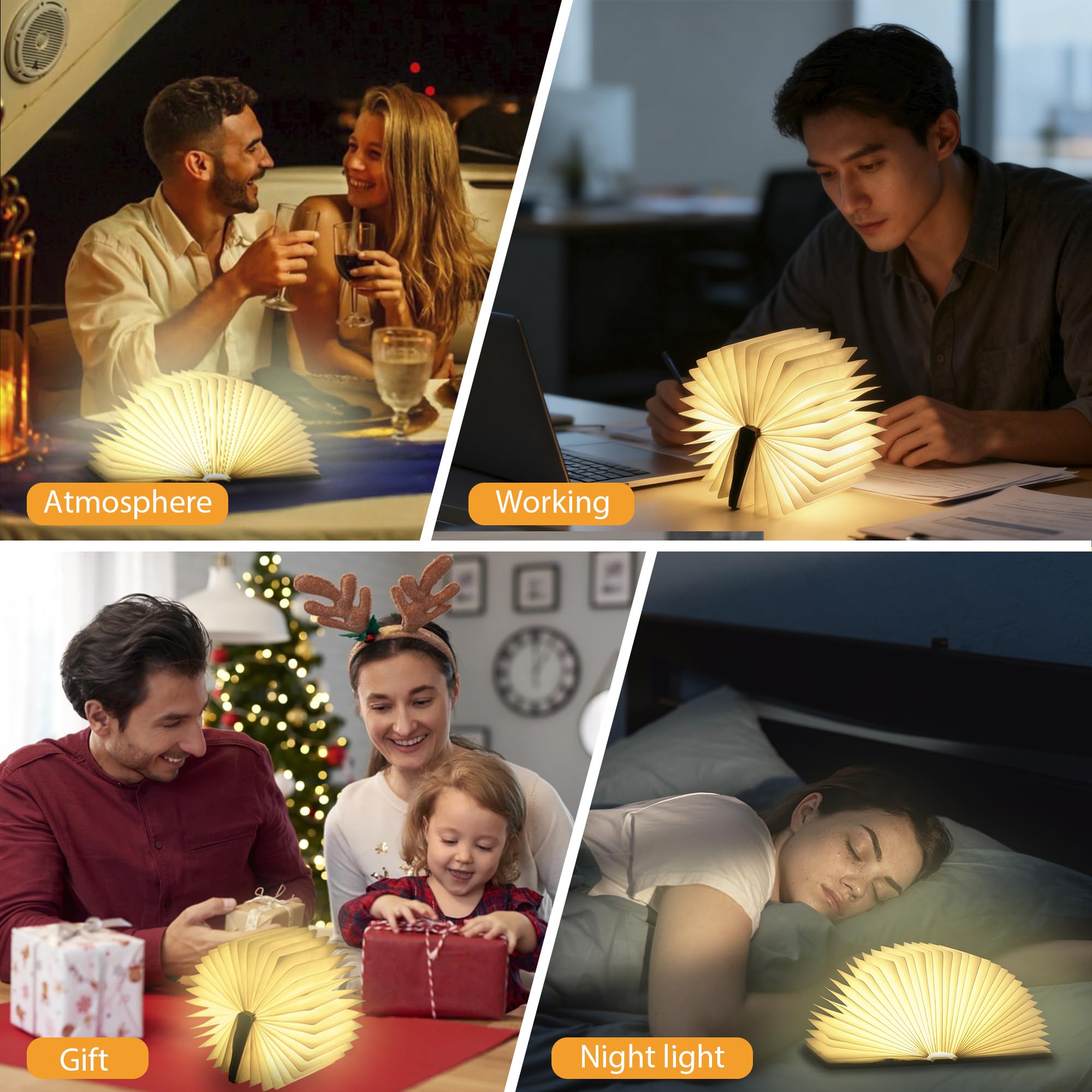 Magische Buchlampe, 3-farbig verstellbares Leselicht, tragbare, faltbare Schreibtischlampe aus Papier zum Lesen bei Nacht, 1200 mAh Akku, kreative Heimdekoration und Geschenk für Buchliebhaber