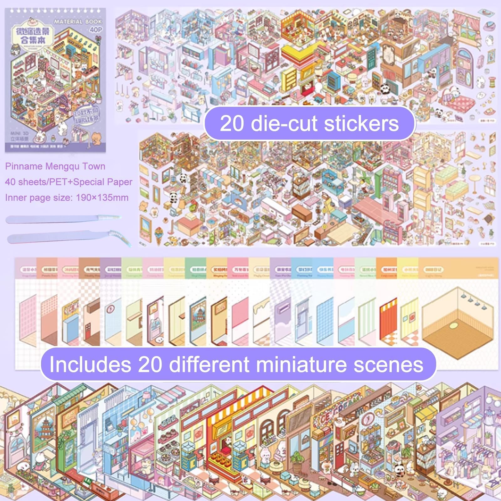 20 Sujets Autocollants de Scène, 3D Stickers Scene Miniature, Autocollants 3D House Stickers pour Soulager le Stress et Passer le Temps, avec 2 Pincette, Cadeau Parfait