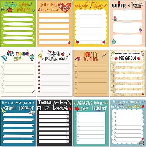 Juego de 12 bloc de notas para profesores, lista de tareas para profesores, notas adhesivas de agradecimiento al profesor, notas adhesivas de