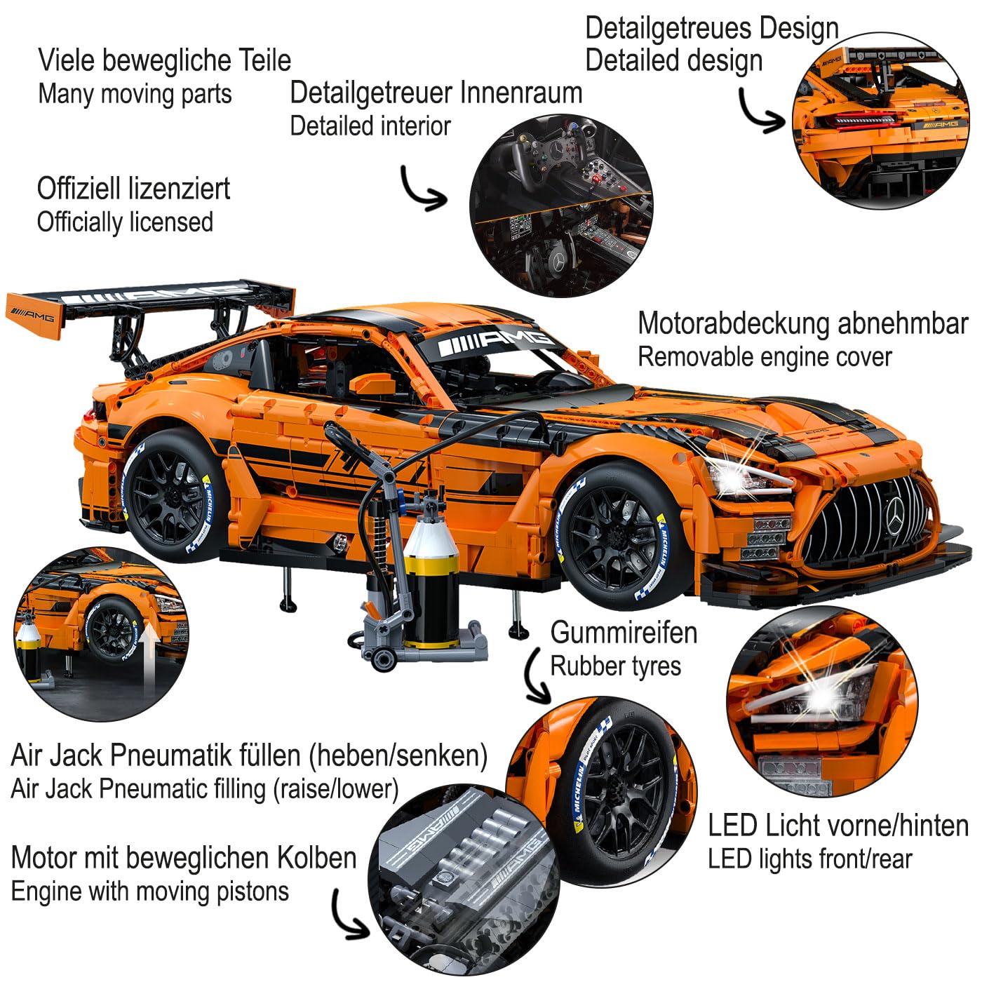 JAMARA 402899 CADA Mercedes-AMG GT3 1:8 arancione 2,4 GHz mattoncini RC mattoncini a incastro auto da corsa modello kit di costruzione telecomandato tecnica idea regalo