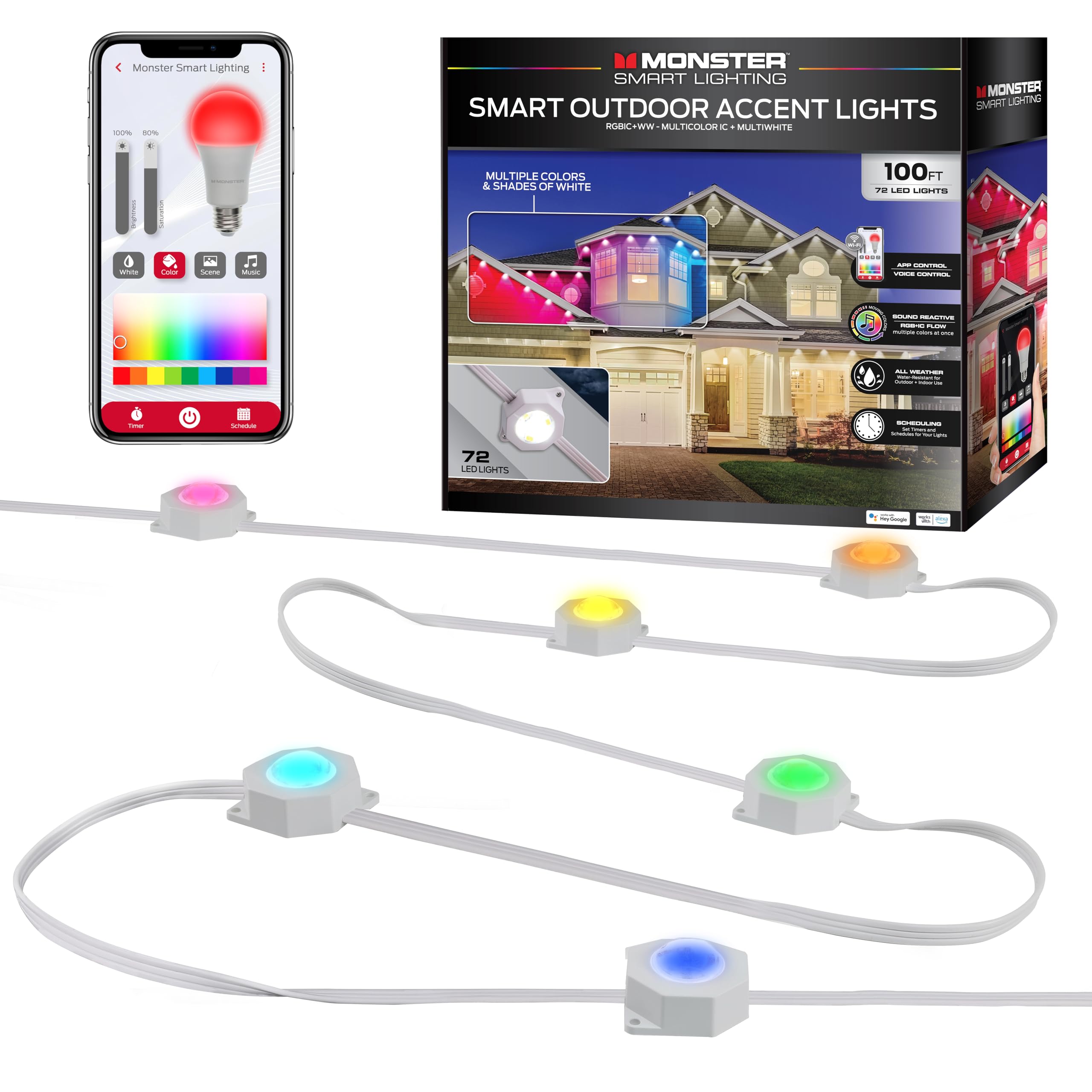 Monster Smart Permanent Outdoor Lights, 100ft, 72 LED Eaves Lights, RGB+IC+WW, Weather & Water Resistant, App & Voice Control, Compatible with Alexa and Google, for Halloween, Christmas & Year-Round