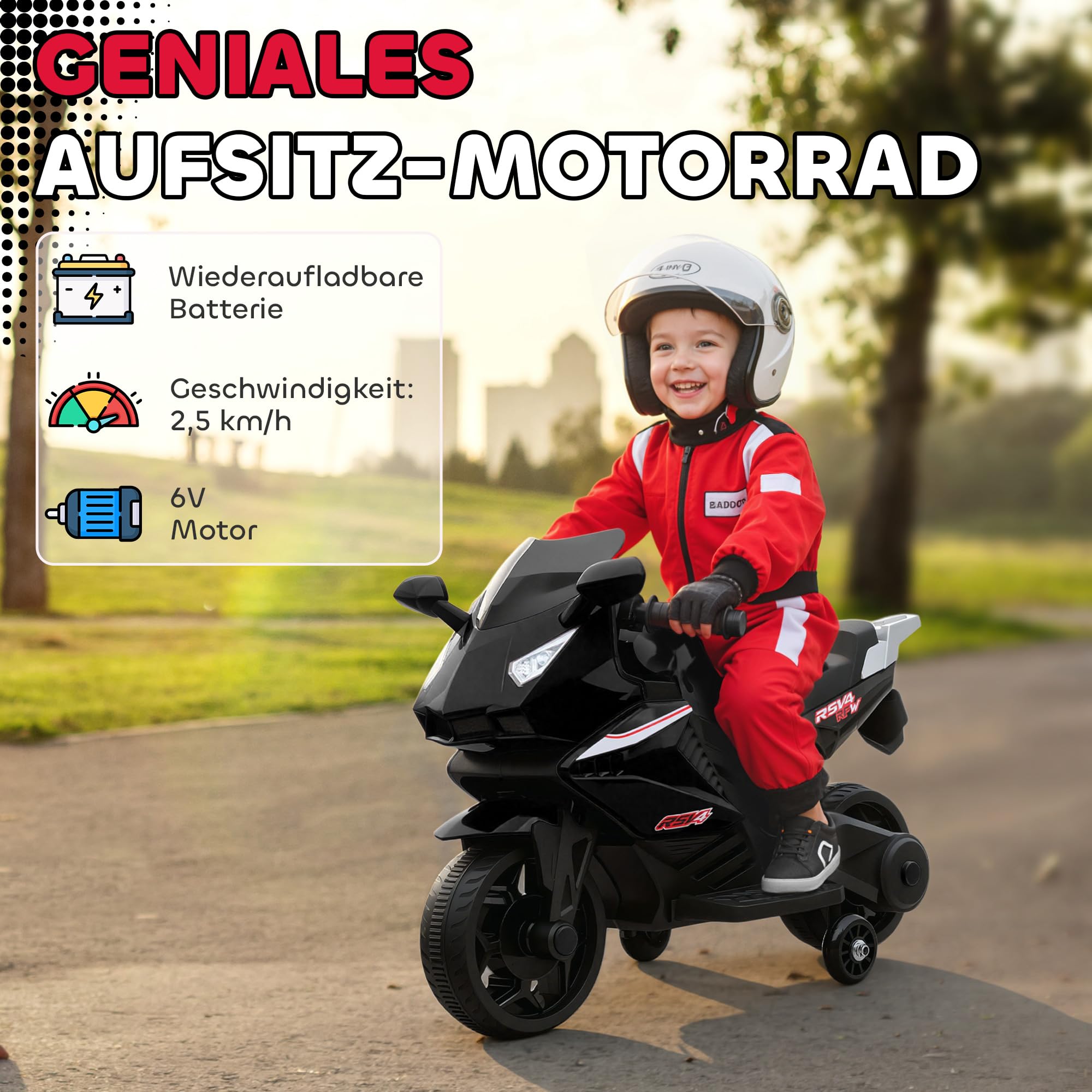 AIYAPLAY Elektryczny motocykl dla dzieci z USB, kółkami treningowymi, muzyką, klaksonem i reflektorami, dla dzieci w wieku 1,5-3 lat Czarny